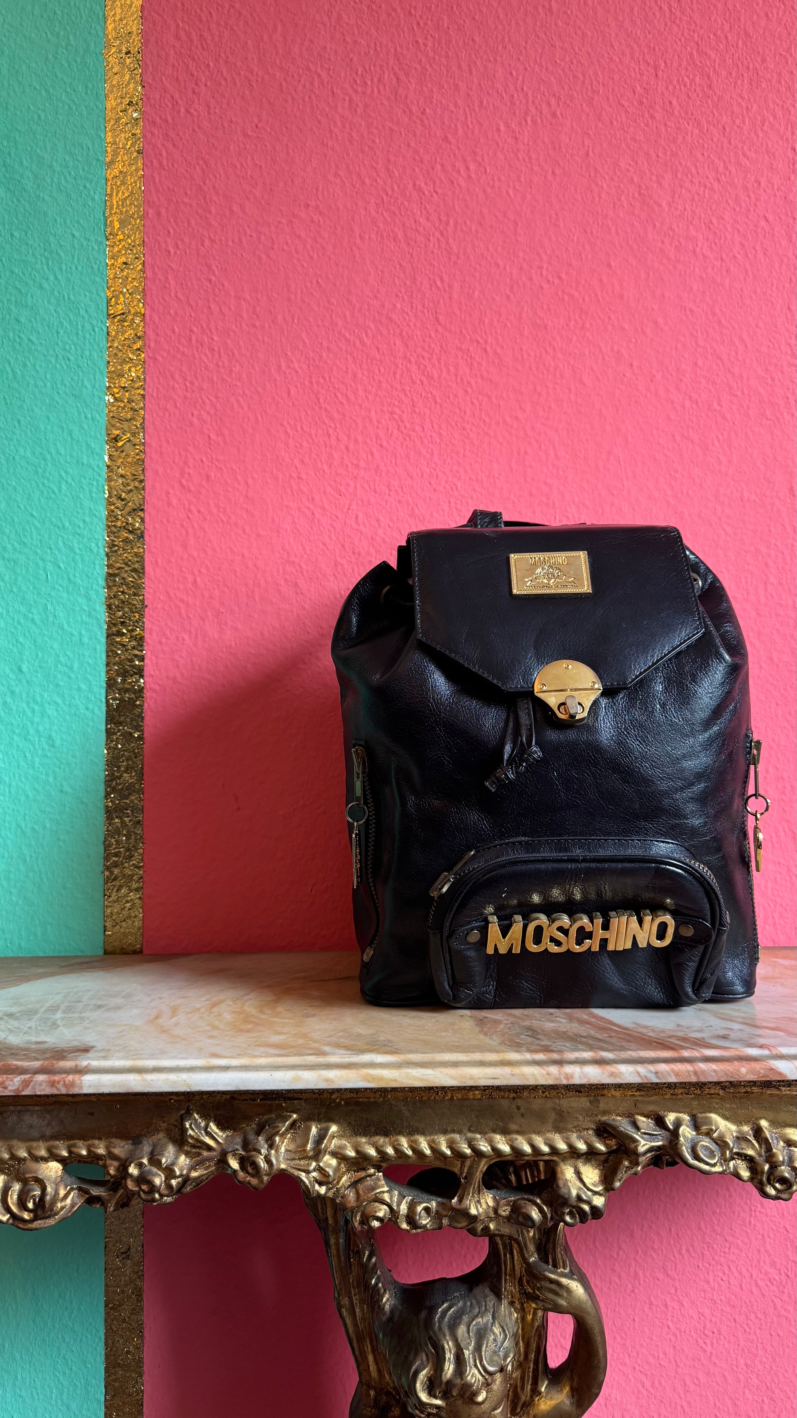 Vintage 1990s Moschino Black Leather Backpack Bag – Alva