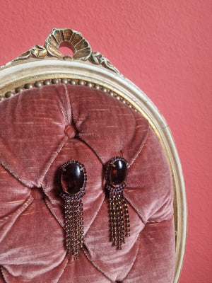 Burgundy Cabochon & Rhinestone Fringe Earrings – Vintage Dramatic Drop