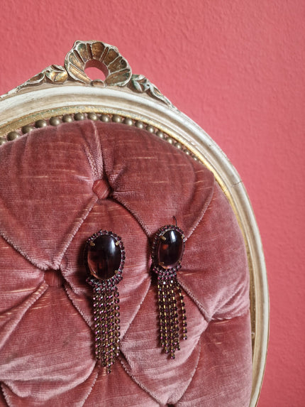 Burgundy Cabochon & Rhinestone Fringe Earrings – Vintage Dramatic Drop