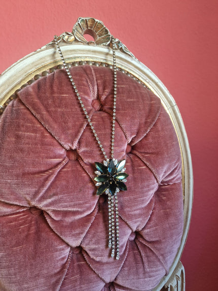 1940s Green Floral Necklace | Iridescent Glass & Rhinestone