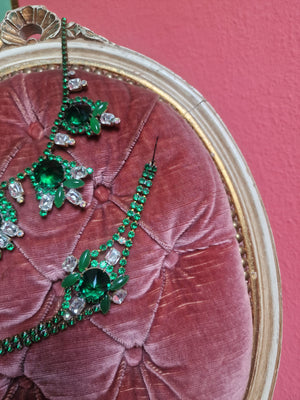 Emerald Crystal Statement Necklace & Bracelet Set – Vintage Glamour Rhinestone Parure