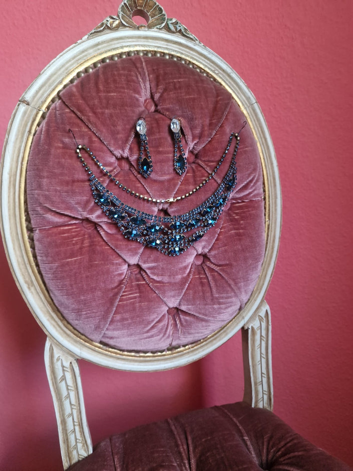 1940s Teal Blue Parure Set | Vintage Necklace & Earrings Rhinestone