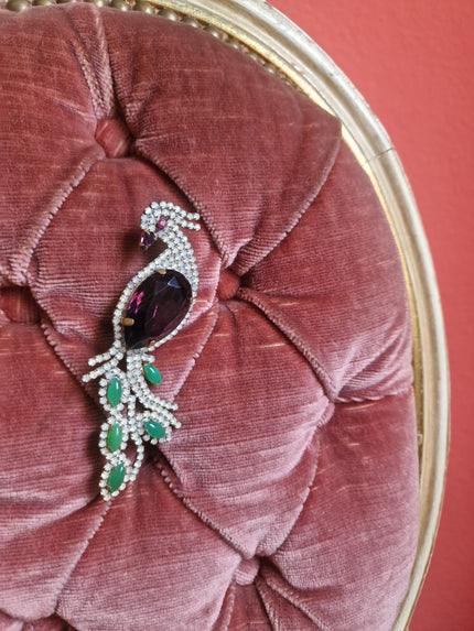 1950s Peacock Brooch | Amethyst & Rhinestone Vintage Pin
