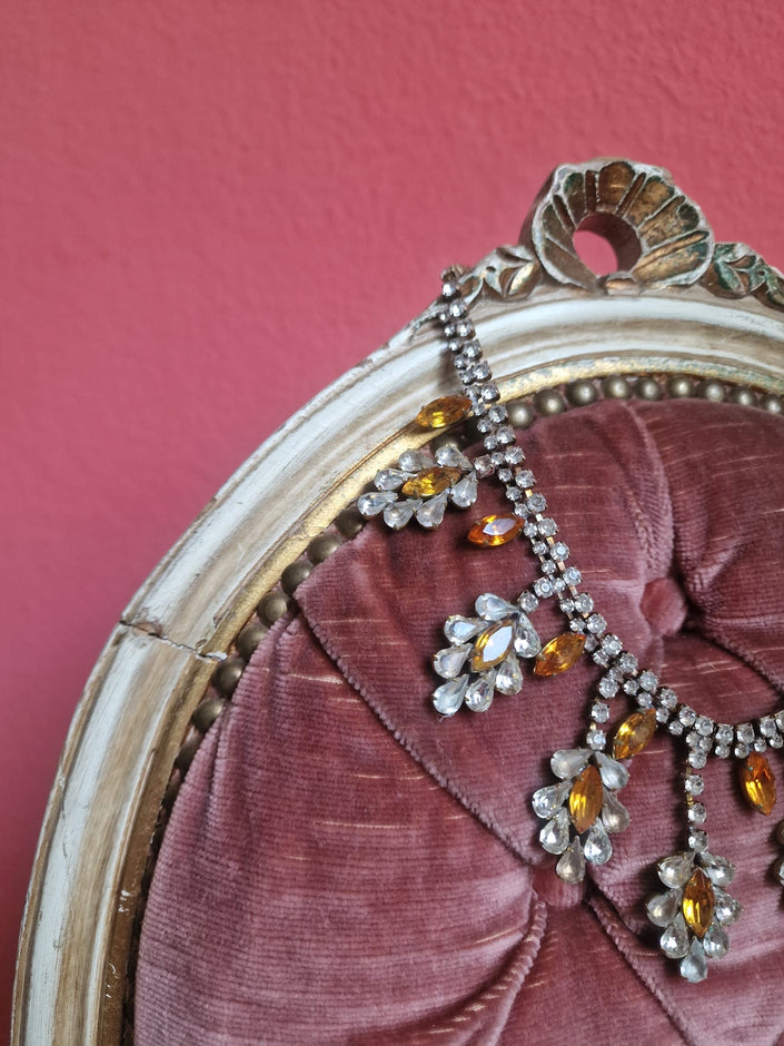 1940s Amber Sunburst Necklace | Vintage Statement Rhinestone Jewelry