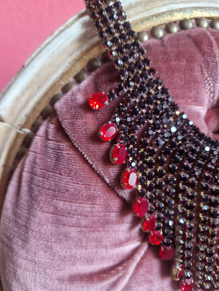 Garnet & Ruby Red Crystal Fringe Statement Necklace – Vintage Dramatic Bib