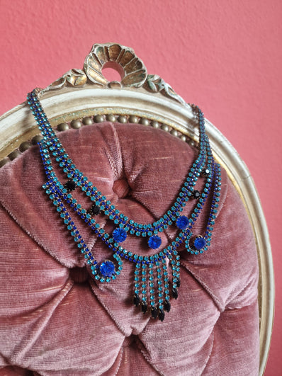 Sapphire Blue & Jet Crystal Draped Statement Necklace – Vintage Rhinestone Bib