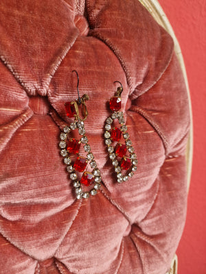 Ruby Red Crystal & Rhinestone Drop Earrings – Vintage Geometric Statement