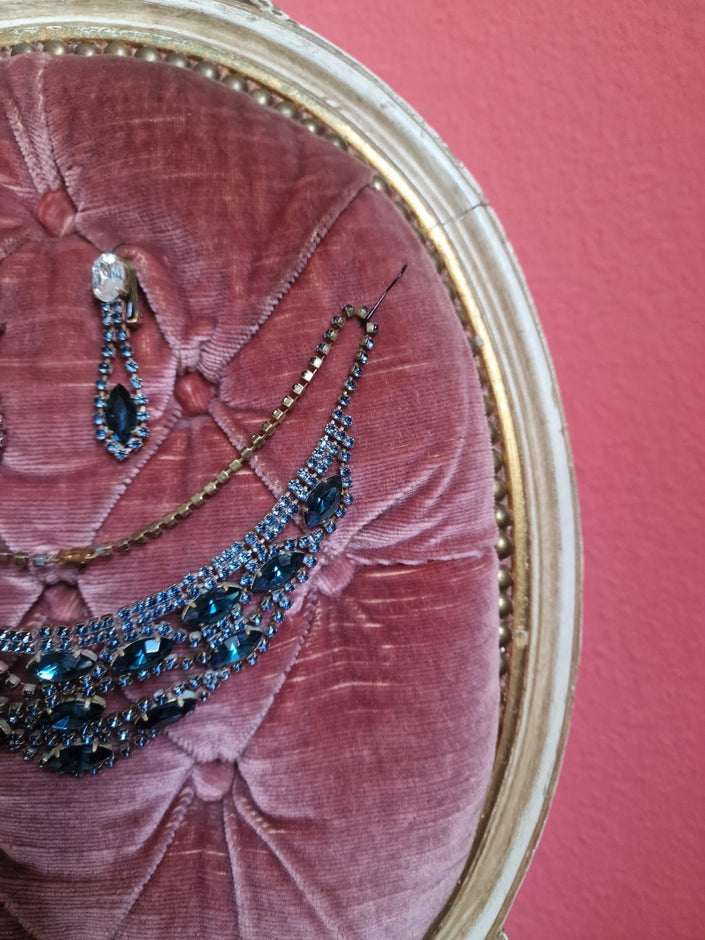 1940s Teal Blue Parure Set | Vintage Necklace & Earrings Rhinestone