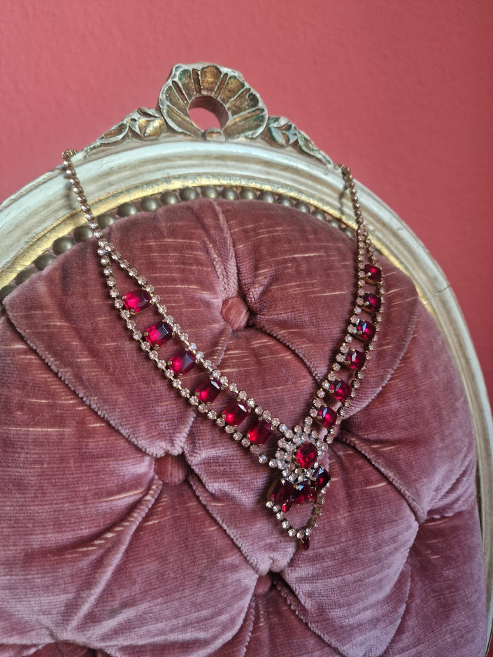 1940s Ruby Red Statement Necklace | Vintage Rhinestone Jewelry