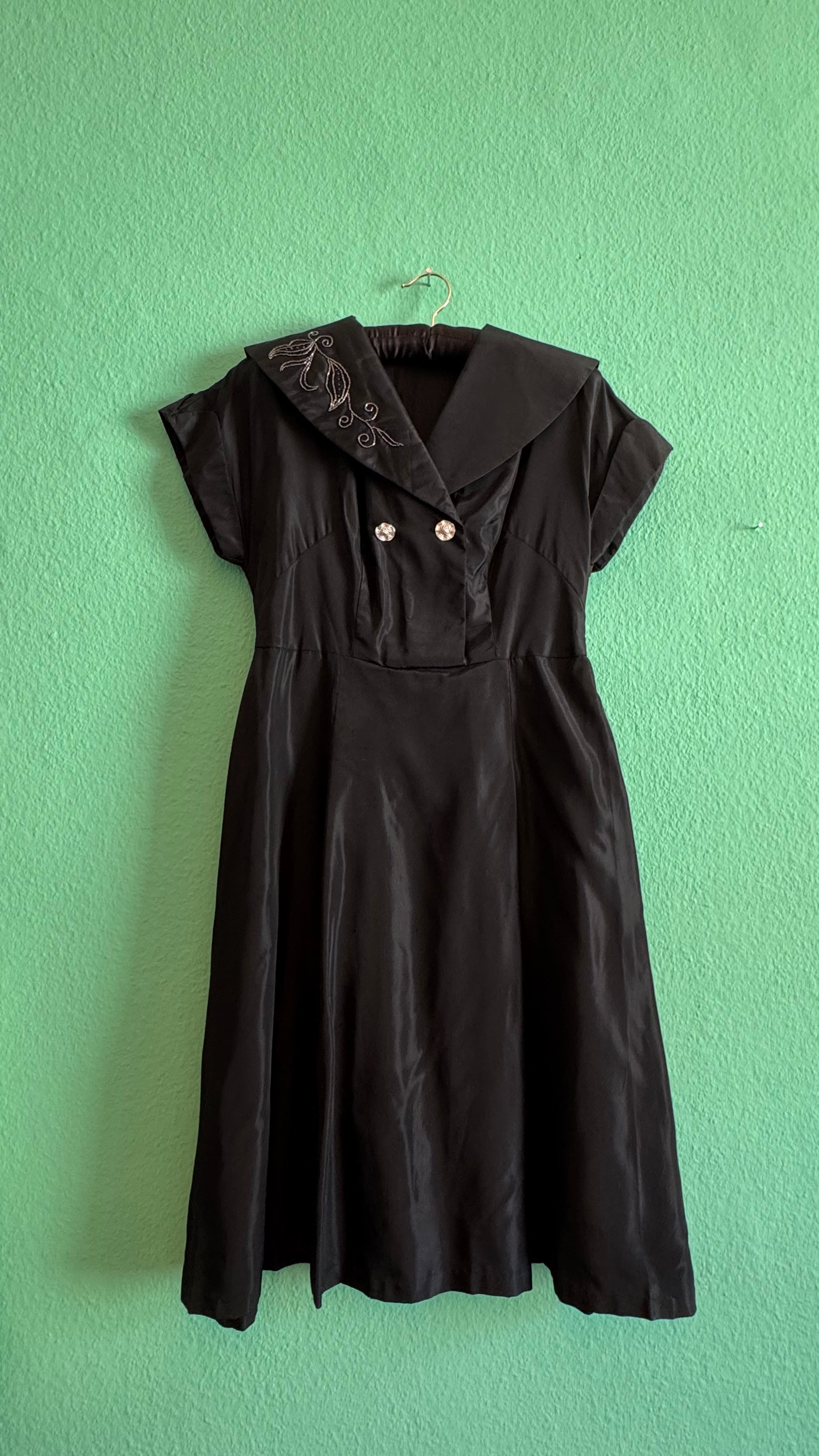 Vintage 1940s Black Silk Faille Sailor Collar Dress