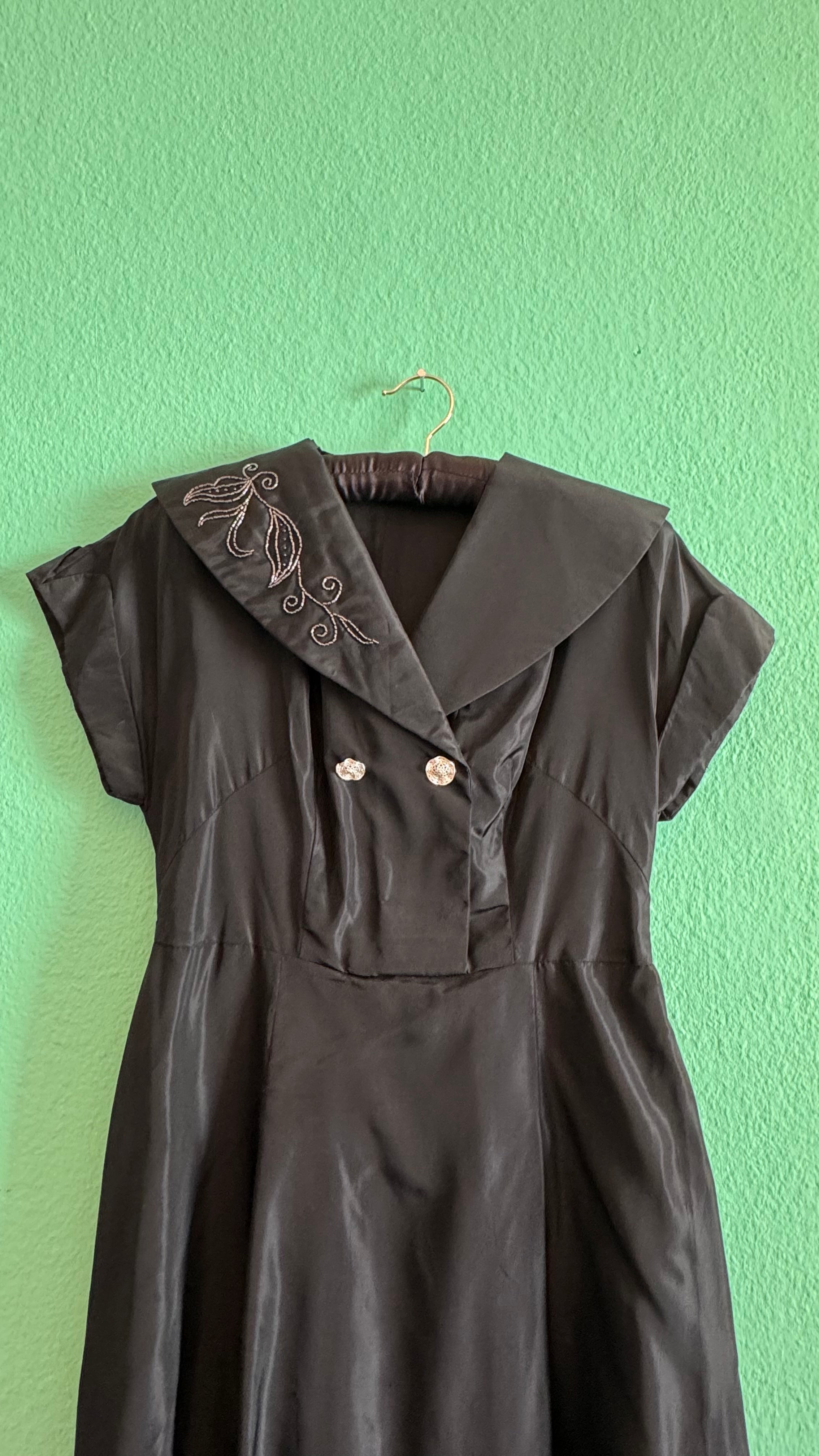 Vintage 1940s Black Silk Faille Sailor Collar Dress