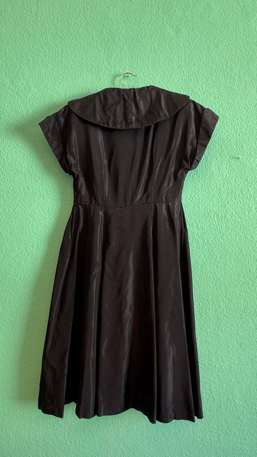 Vintage 1940s Black Silk Faille Sailor Collar Dress