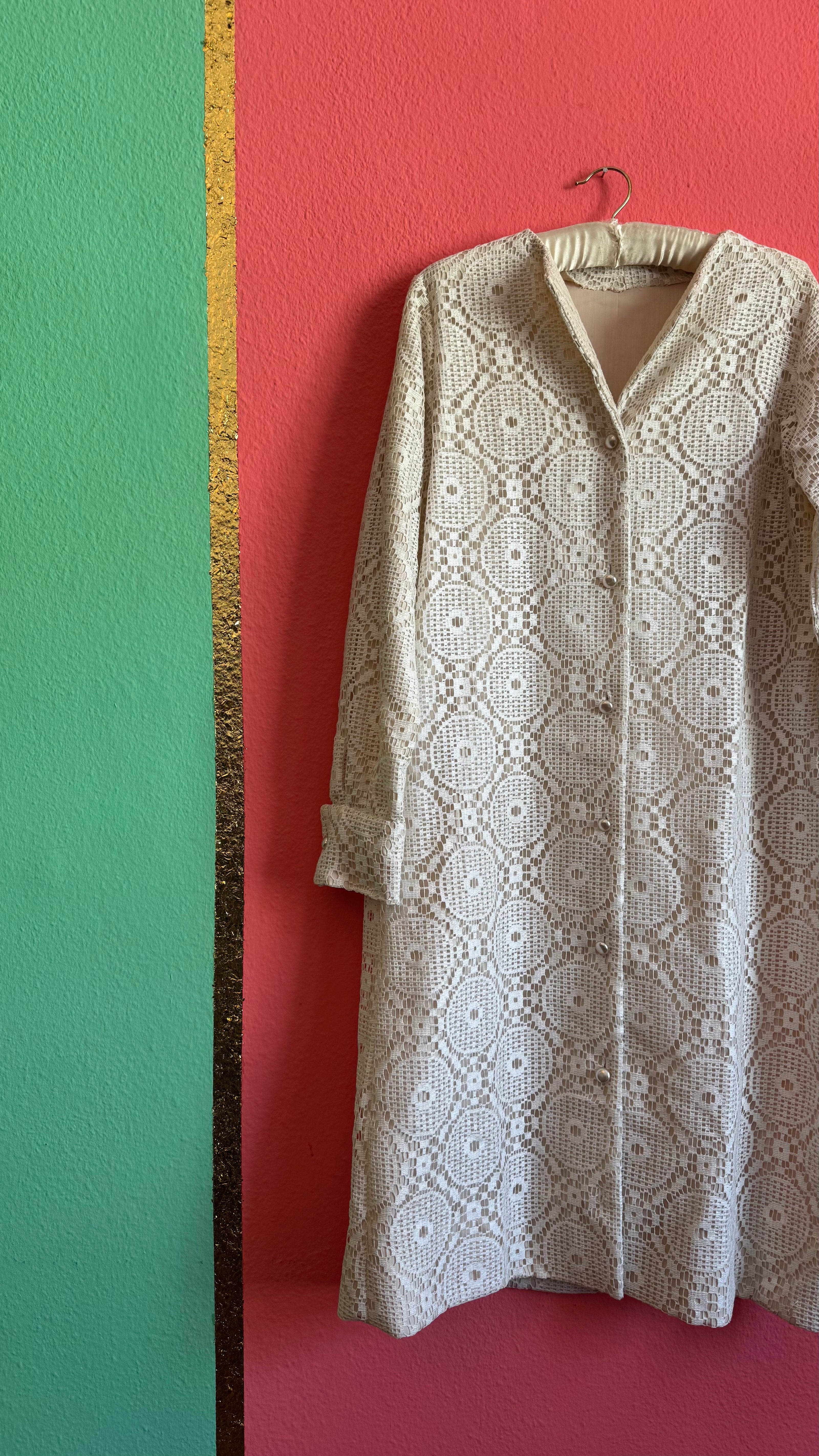 Vintage 1970s Ivory Crochet Lace Maxi Shirt Dress