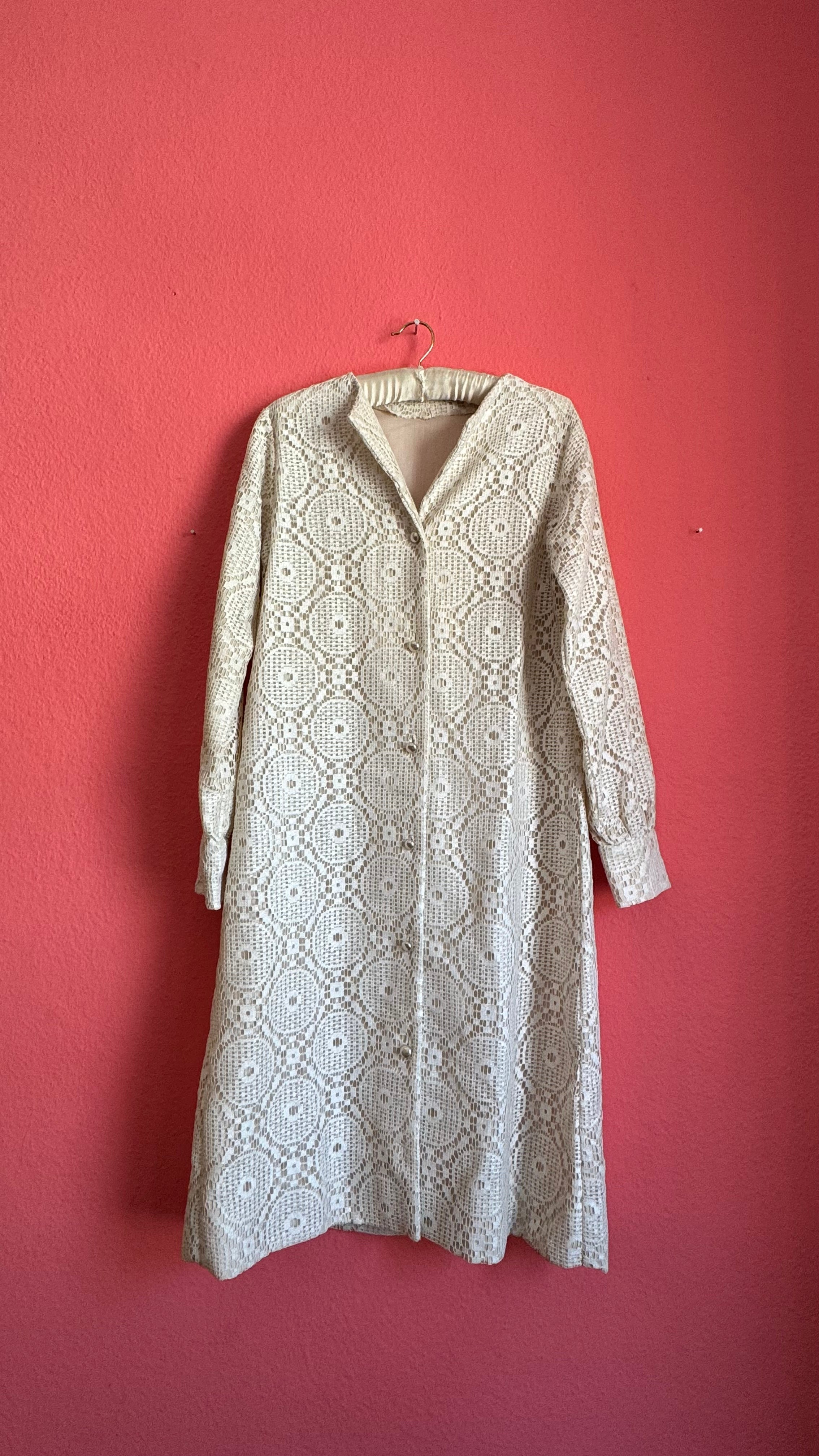 Vintage 1970s Ivory Crochet Lace Maxi Shirt Dress