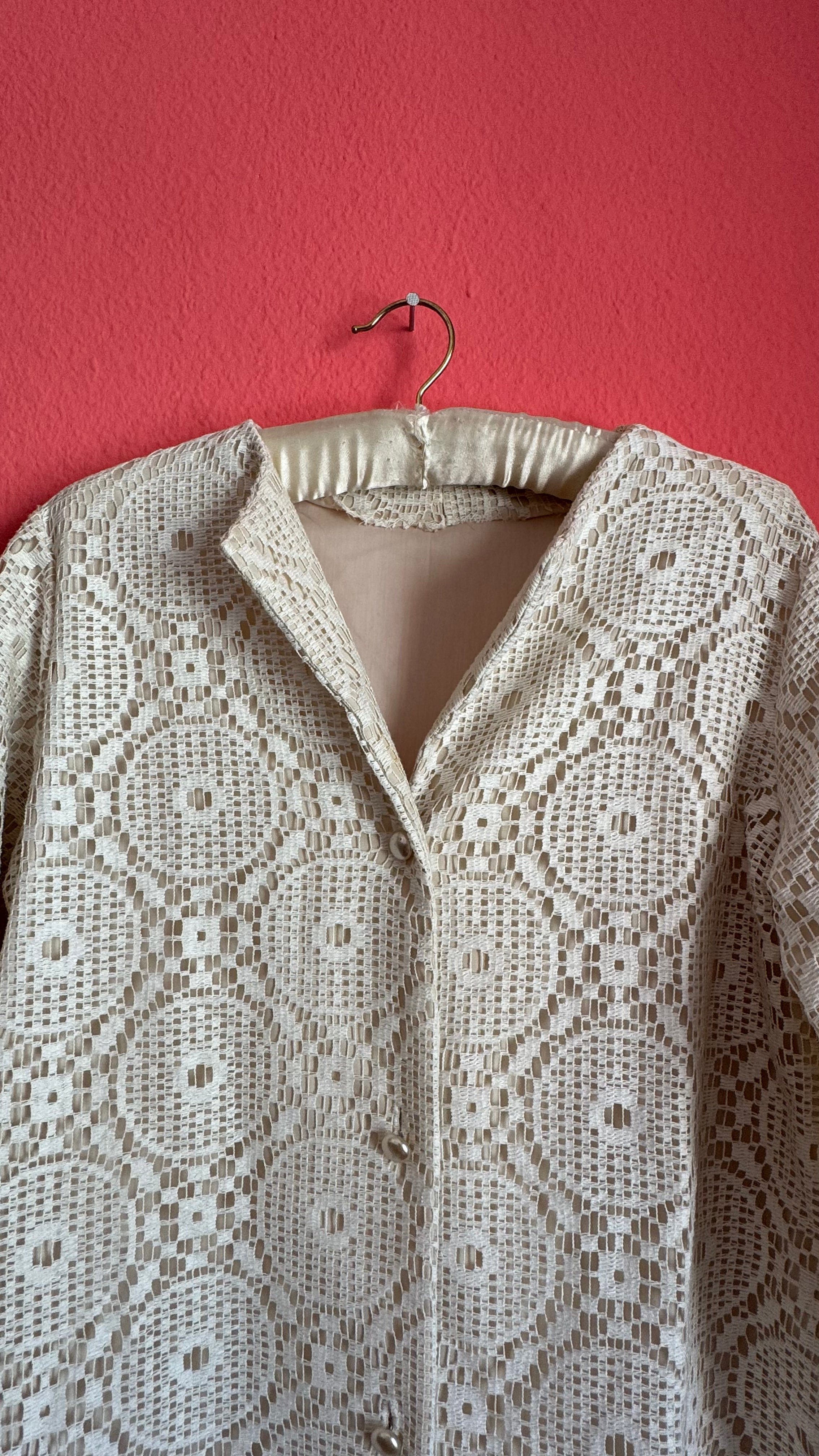 Vintage 1970s Ivory Crochet Lace Maxi Shirt Dress