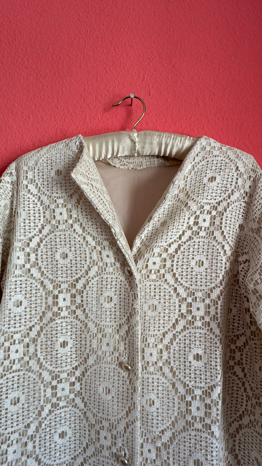 Vintage 1970s Ivory Crochet Lace Maxi Shirt Dress