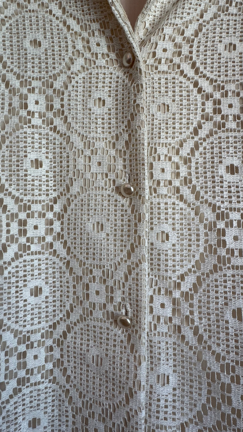 Vintage 1970s Ivory Crochet Lace Maxi Shirt Dress