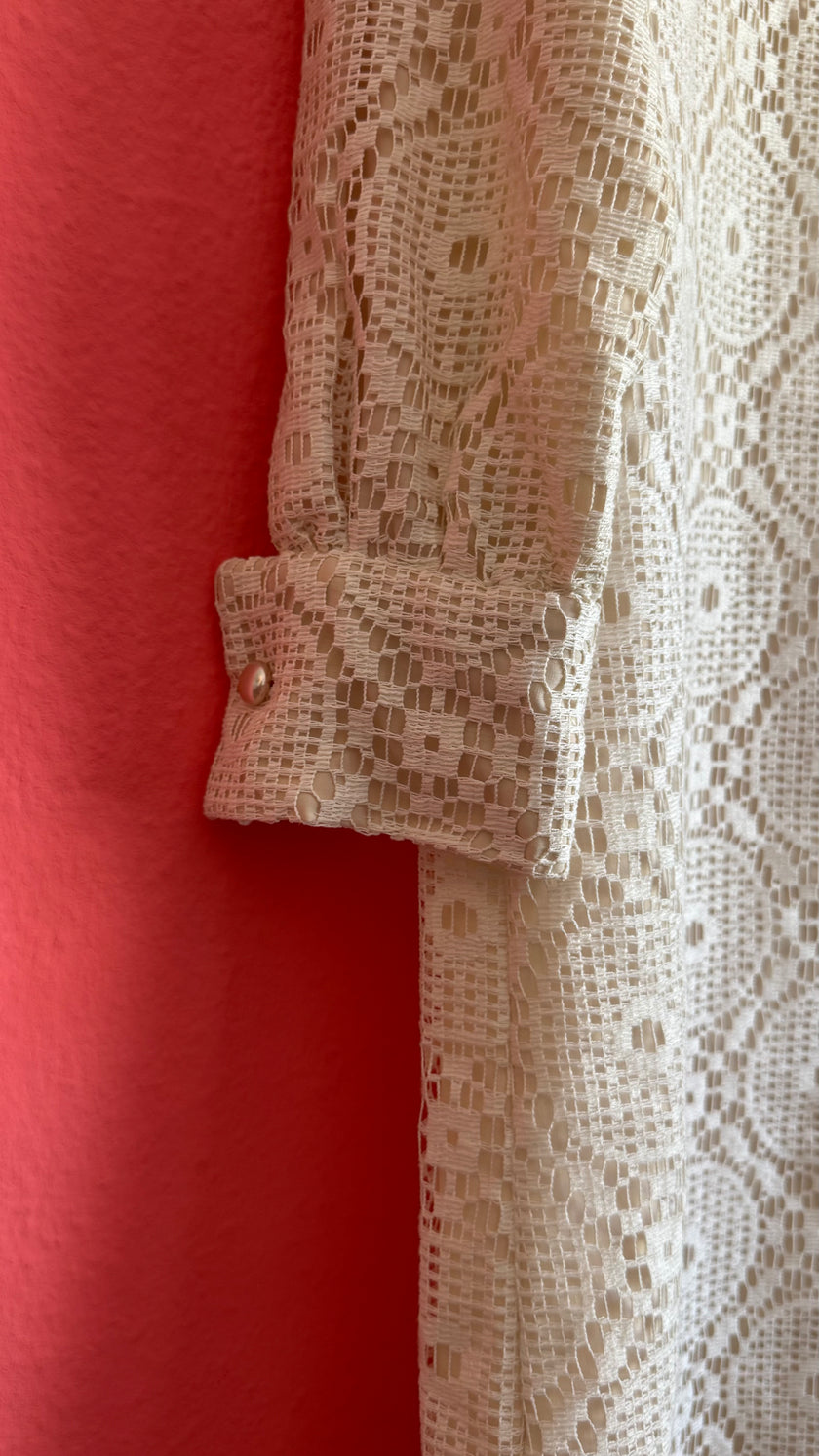 Vintage 1970s Ivory Crochet Lace Maxi Shirt Dress