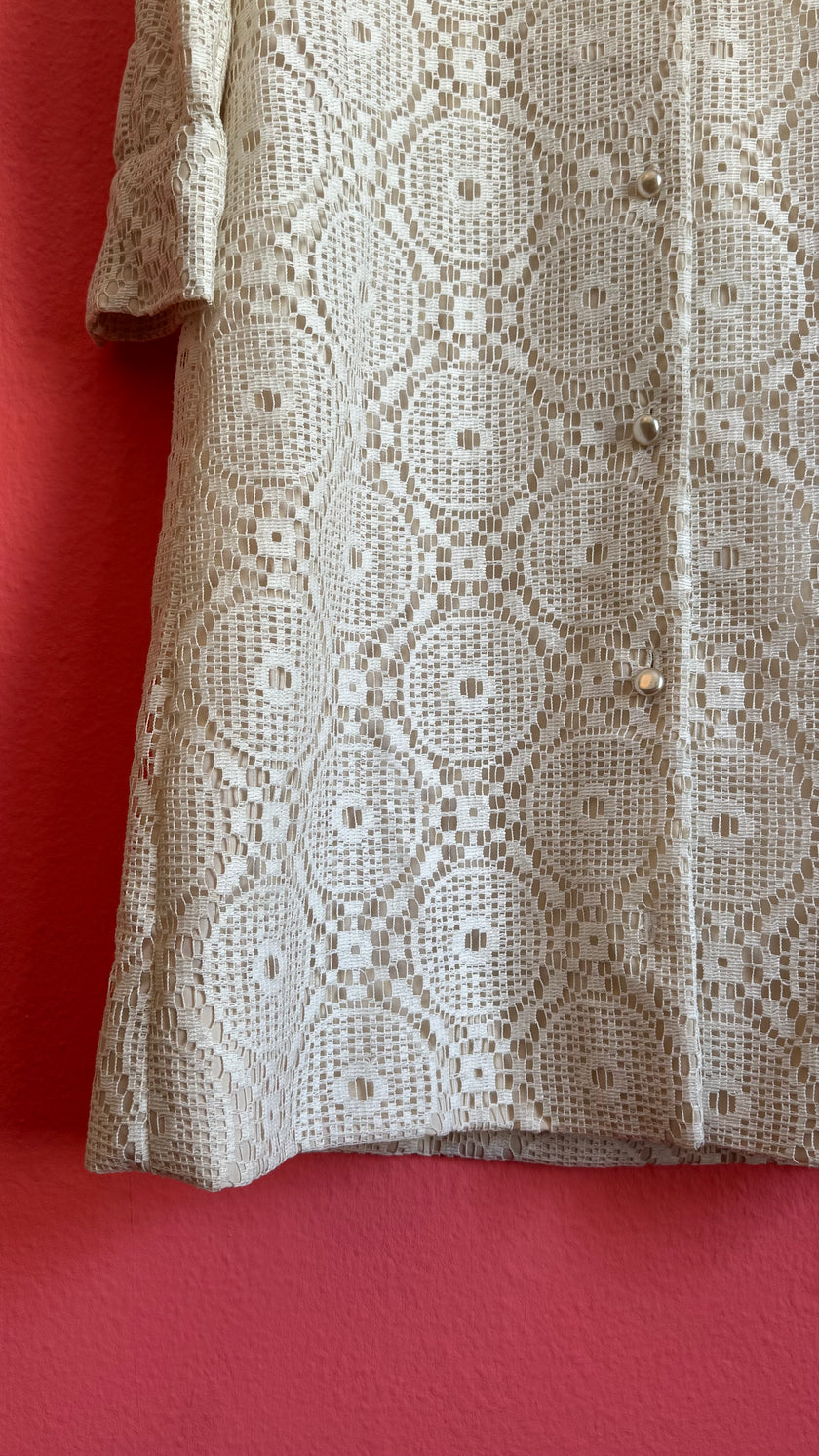 Vintage 1970s Ivory Crochet Lace Maxi Shirt Dress