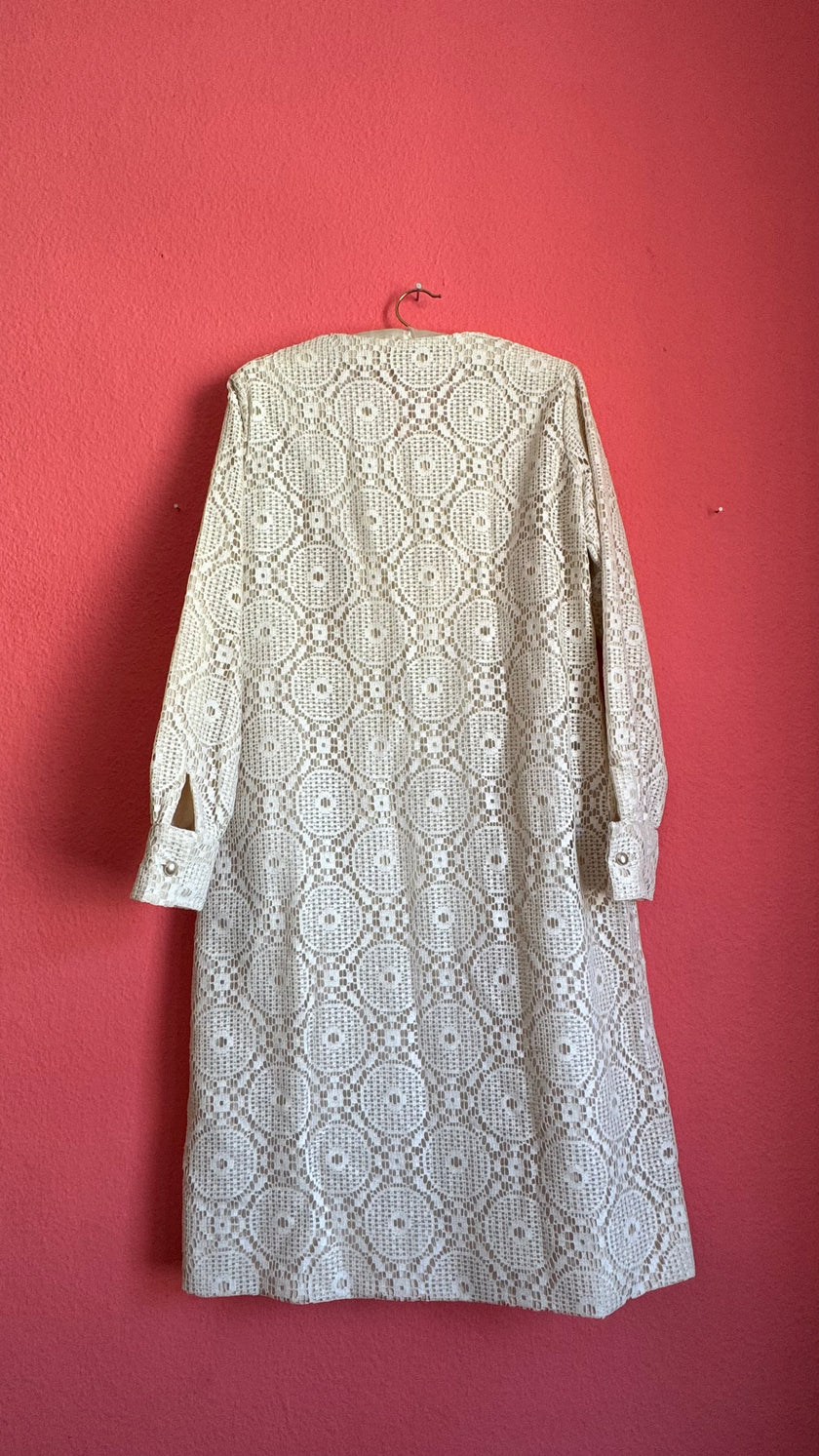 Vintage 1970s Ivory Crochet Lace Maxi Shirt Dress