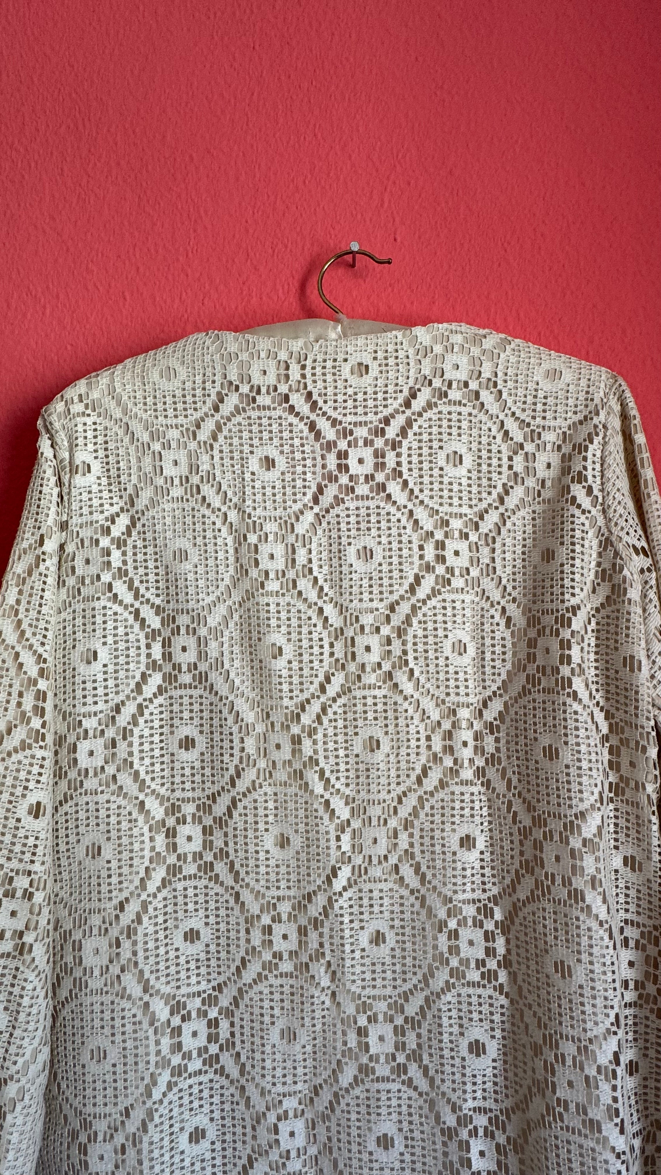 Vintage 1970s Ivory Crochet Lace Maxi Shirt Dress