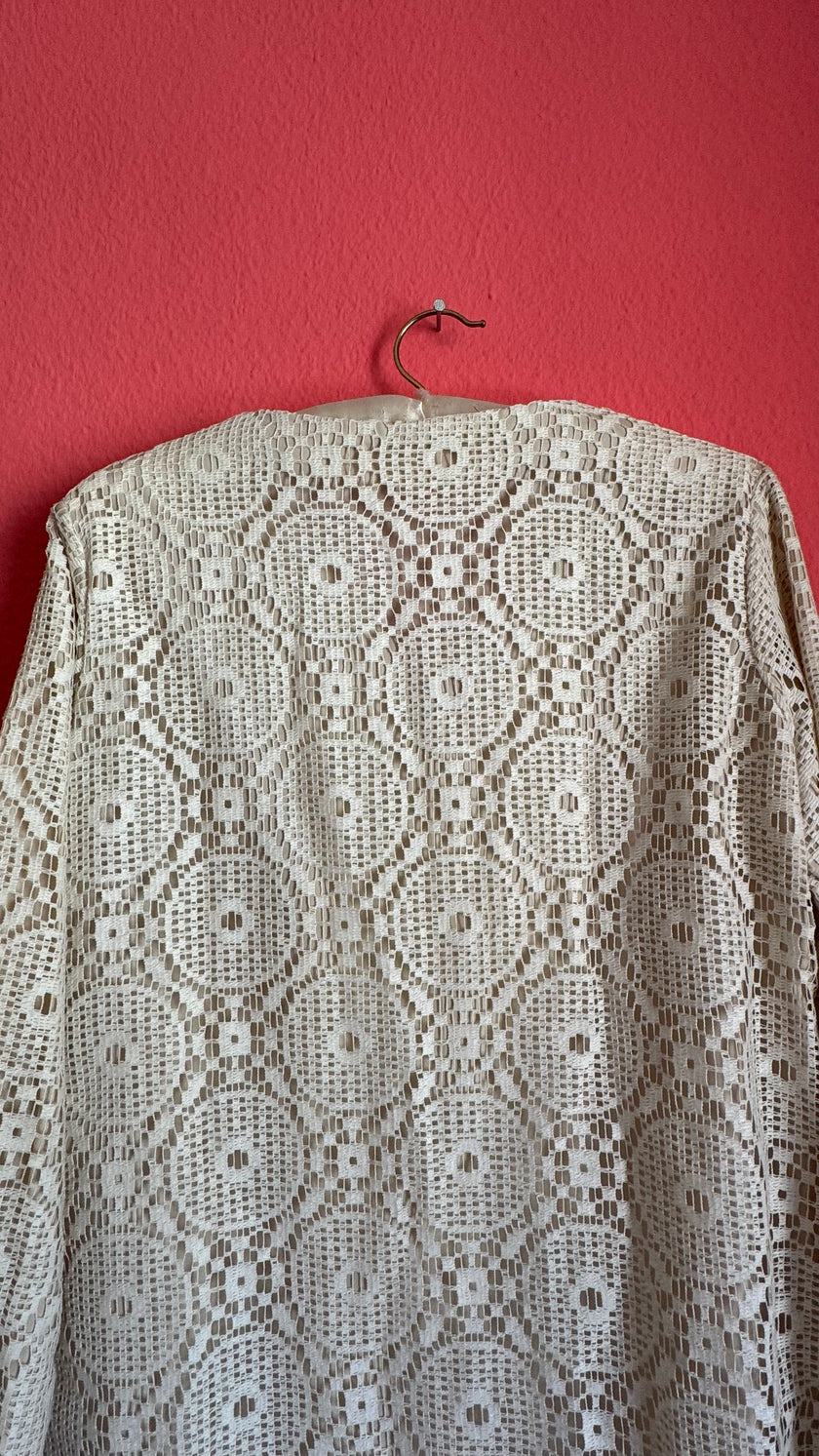 Vintage 1970s Ivory Crochet Lace Maxi Shirt Dress