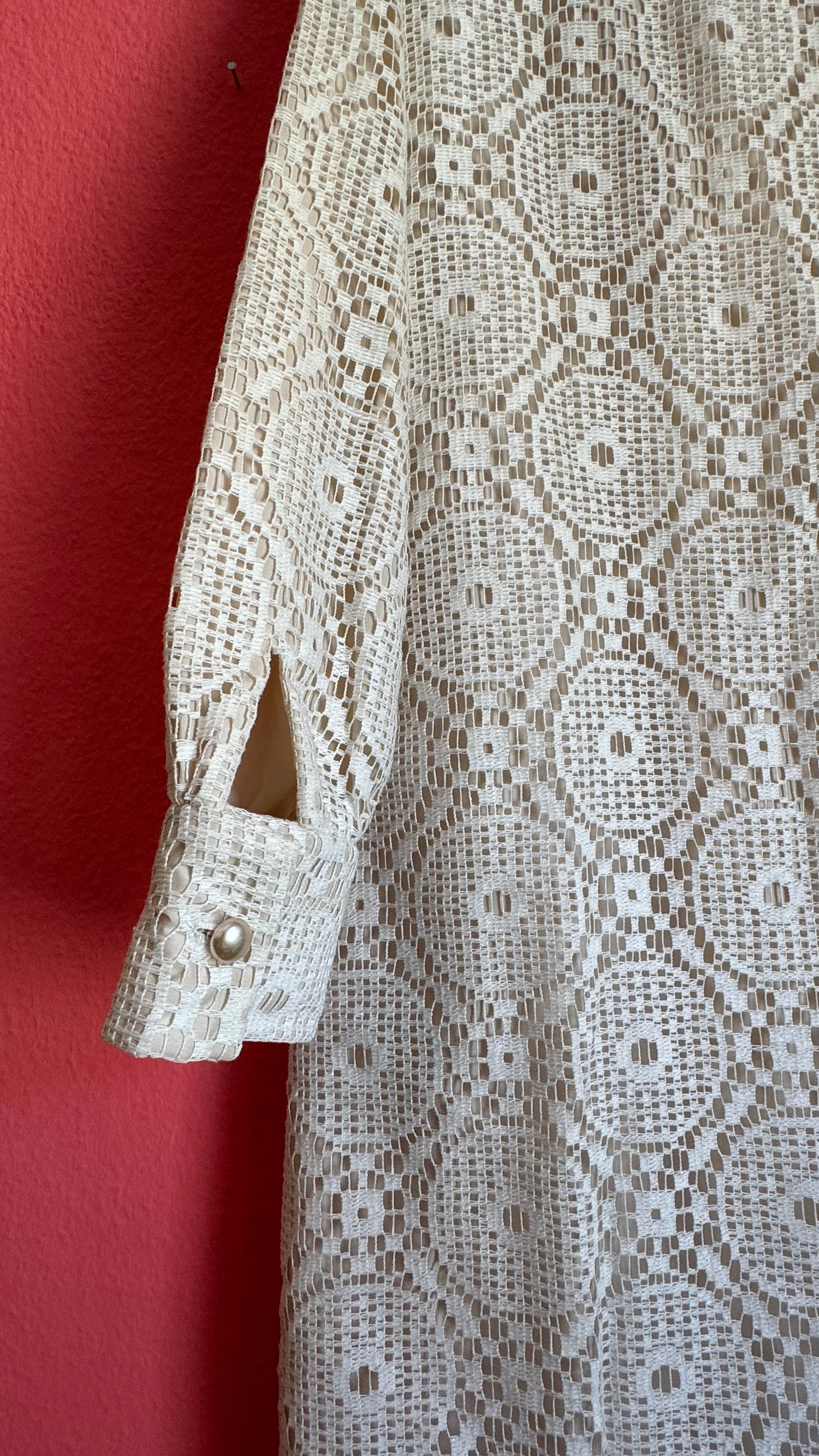 Vintage 1970s Ivory Crochet Lace Maxi Shirt Dress