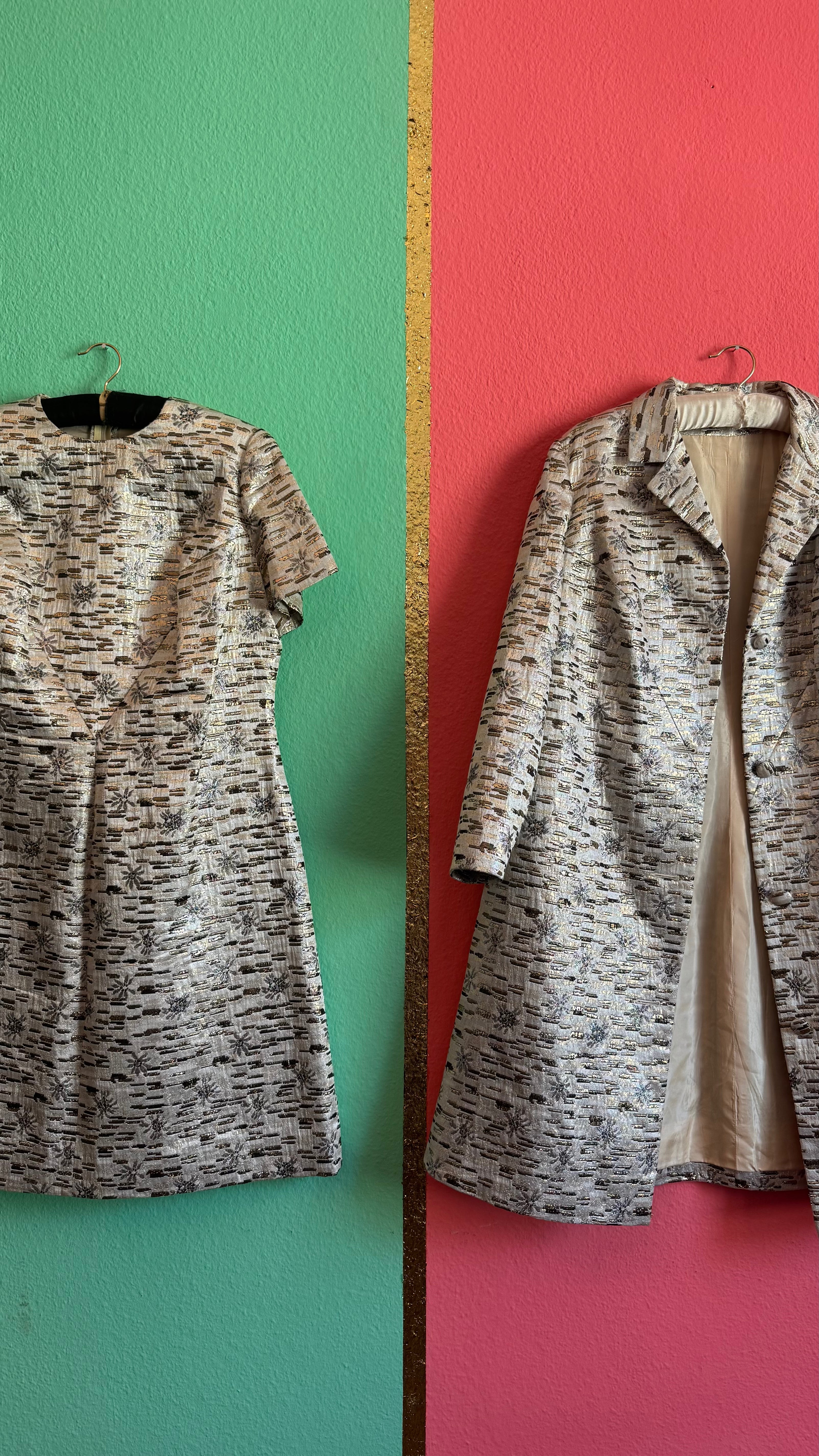 Vintage 1960s Silver Lurex Brocade Dress and Coat Set