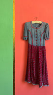 Vintage 1970s Blue and Burgundy Floral Folk Maxi Dress