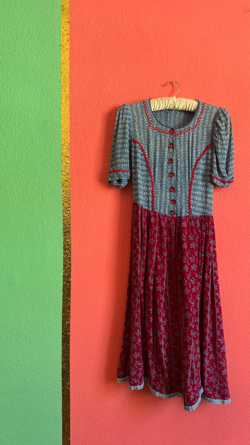 Vintage 1970s Blue and Burgundy Floral Folk Maxi Dress