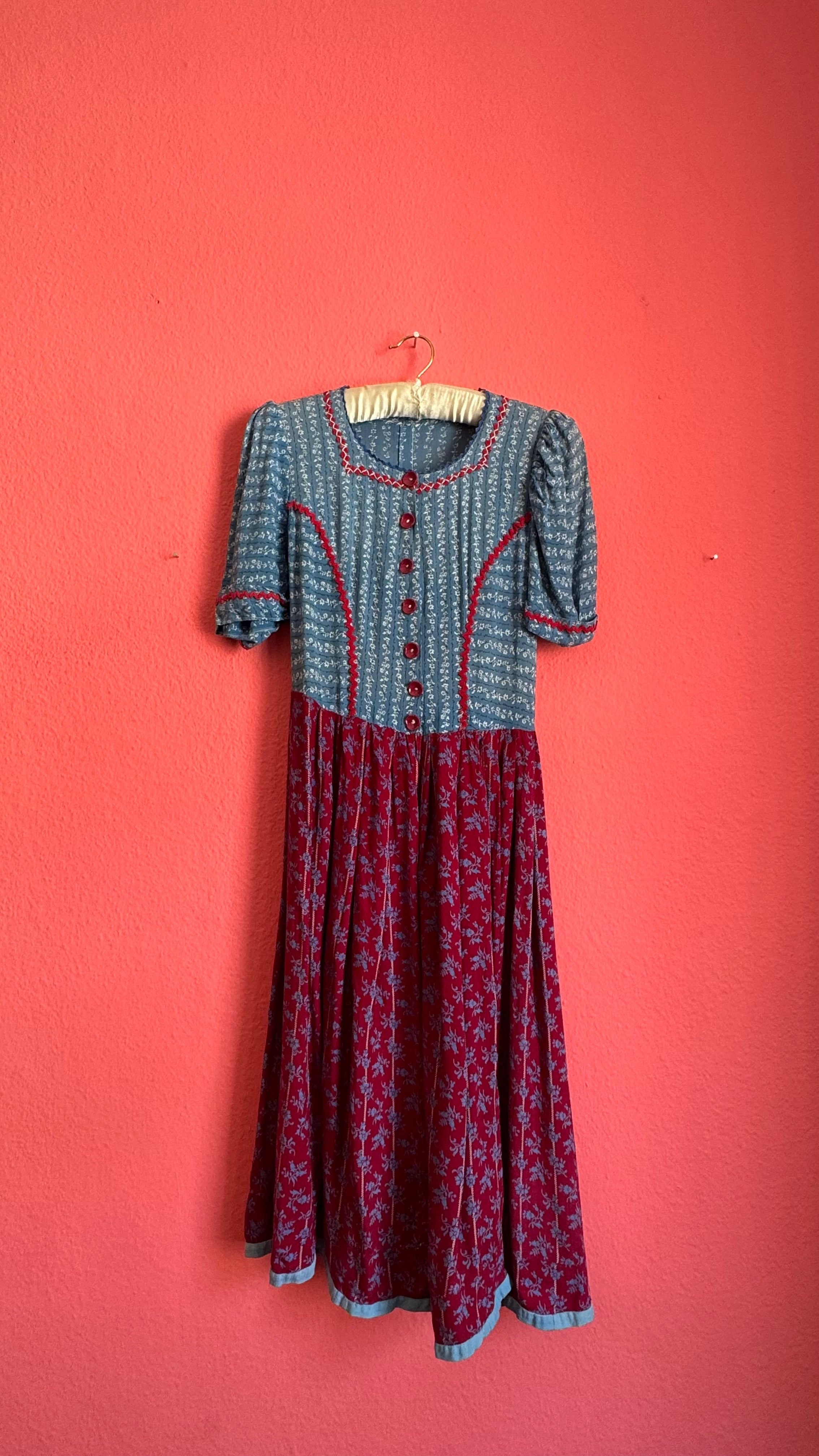 Vintage 1970s Blue and Burgundy Floral Folk Maxi Dress