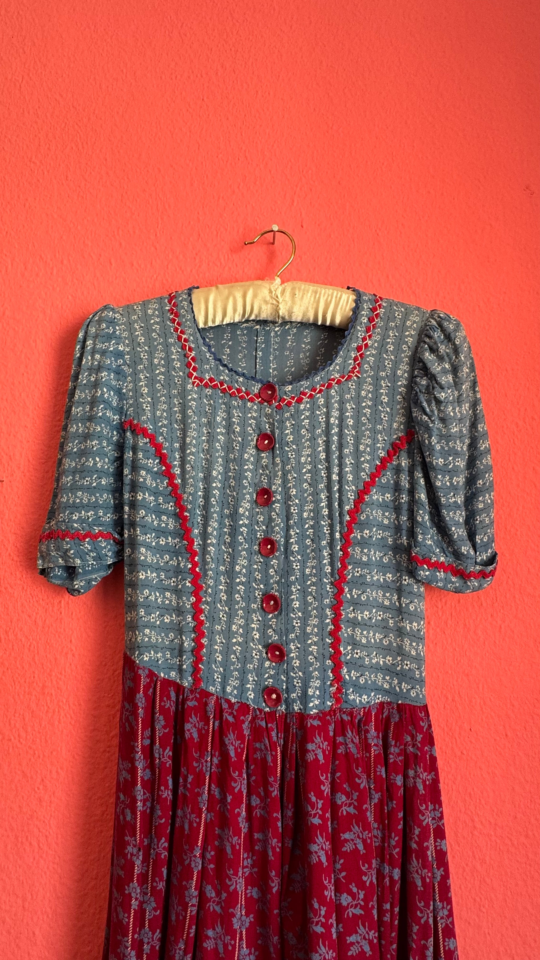 Vintage 1970s Blue and Burgundy Floral Folk Maxi Dress
