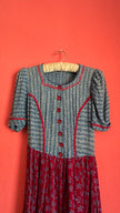 Vintage 1970s Blue and Burgundy Floral Folk Maxi Dress