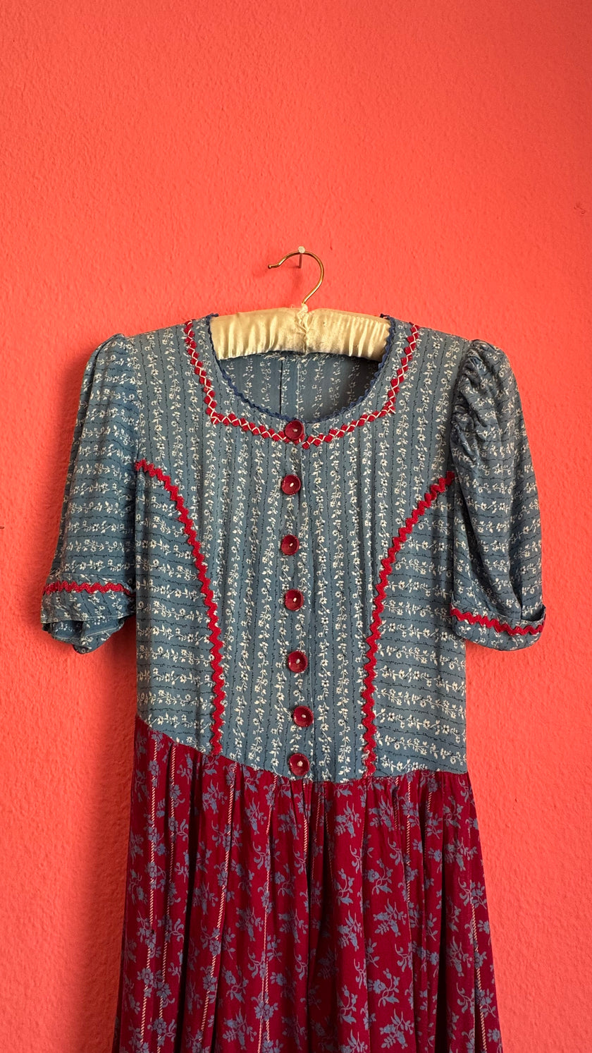 Vintage 1970s Blue and Burgundy Floral Folk Maxi Dress