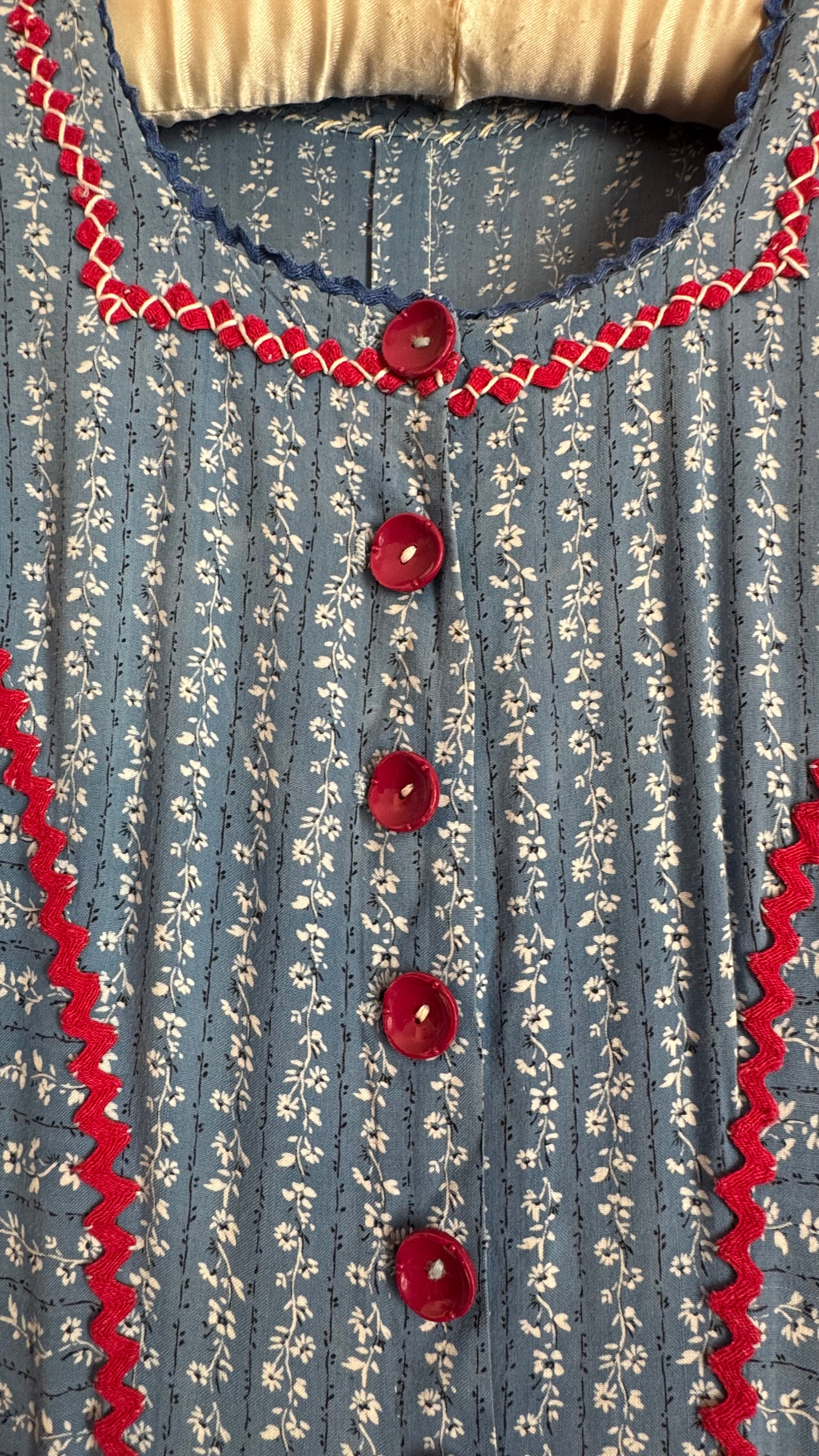 Vintage 1970s Blue and Burgundy Floral Folk Maxi Dress