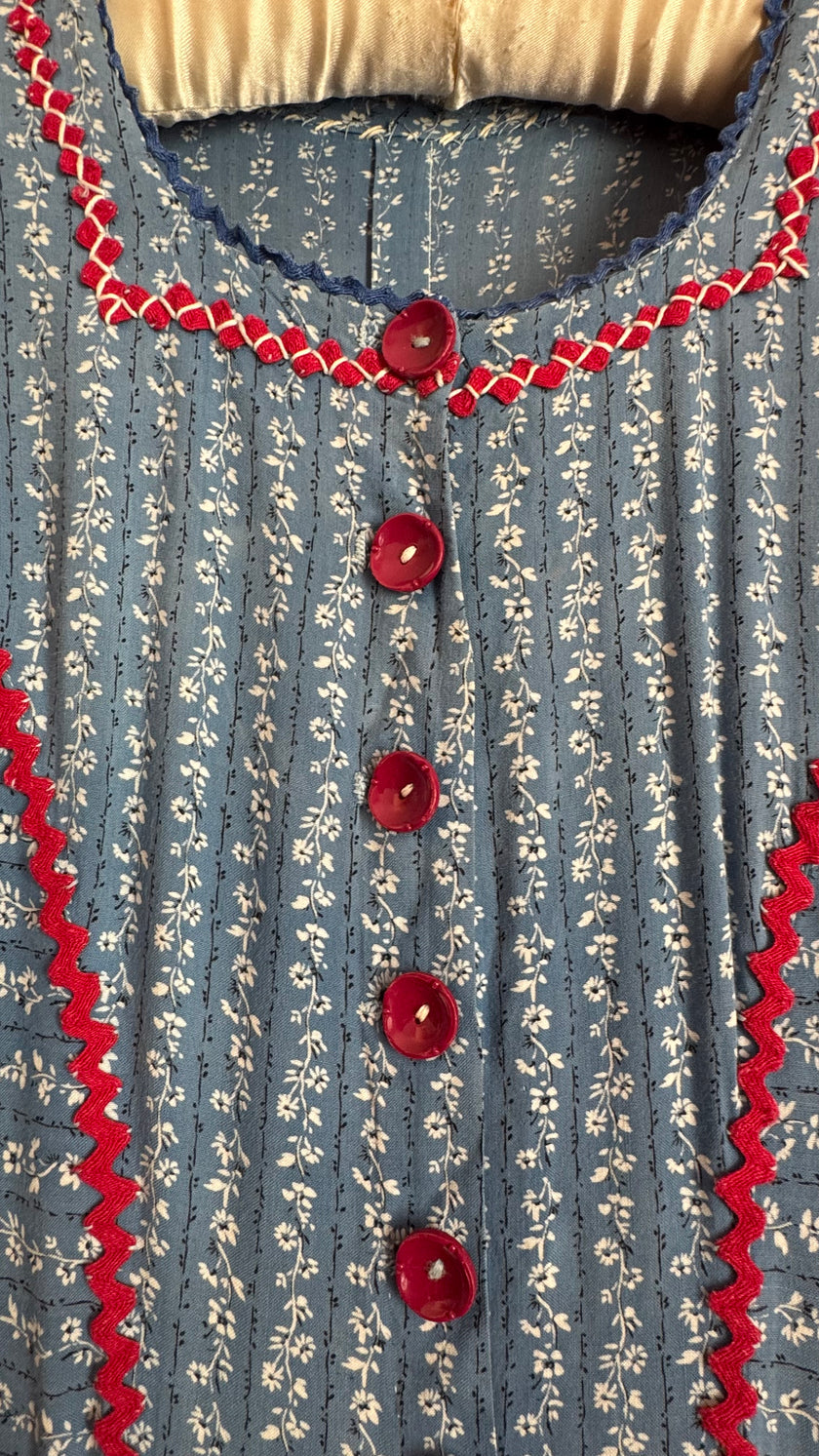Vintage 1970s Blue and Burgundy Floral Folk Maxi Dress
