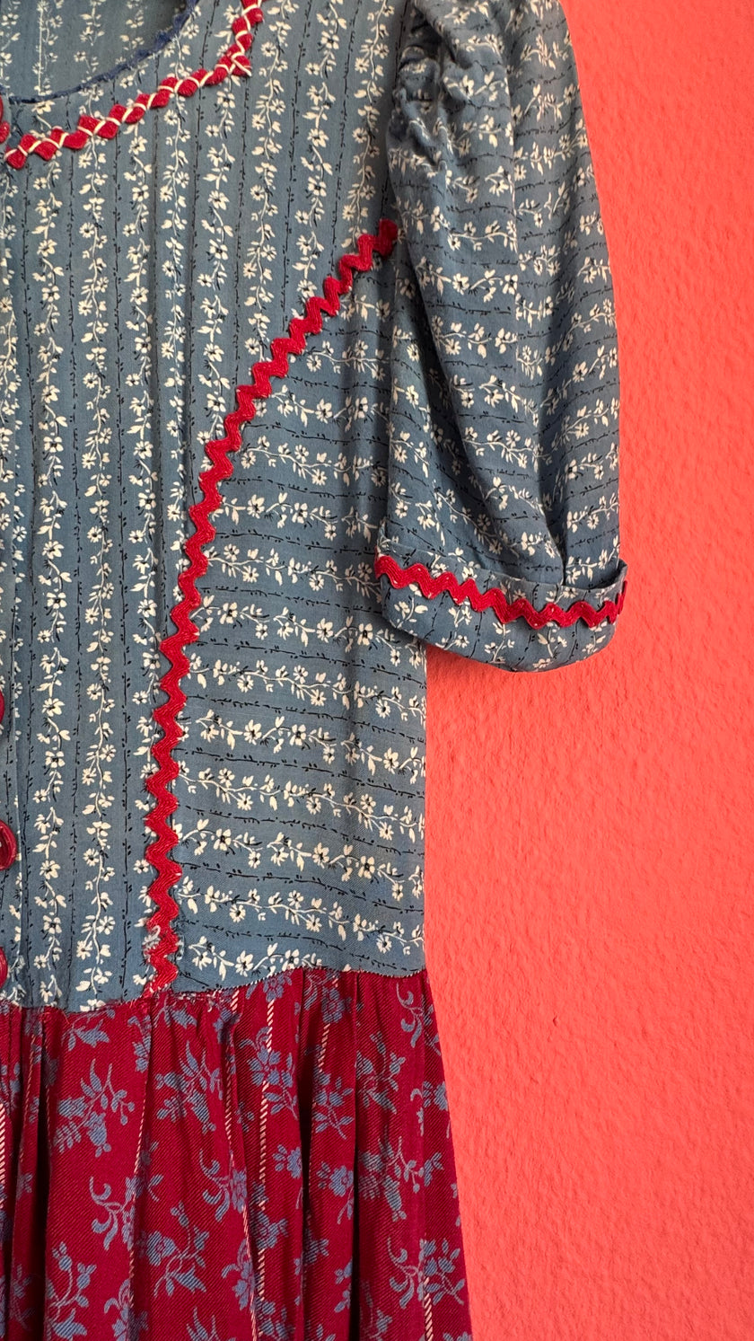 Vintage 1970s Blue and Burgundy Floral Folk Maxi Dress
