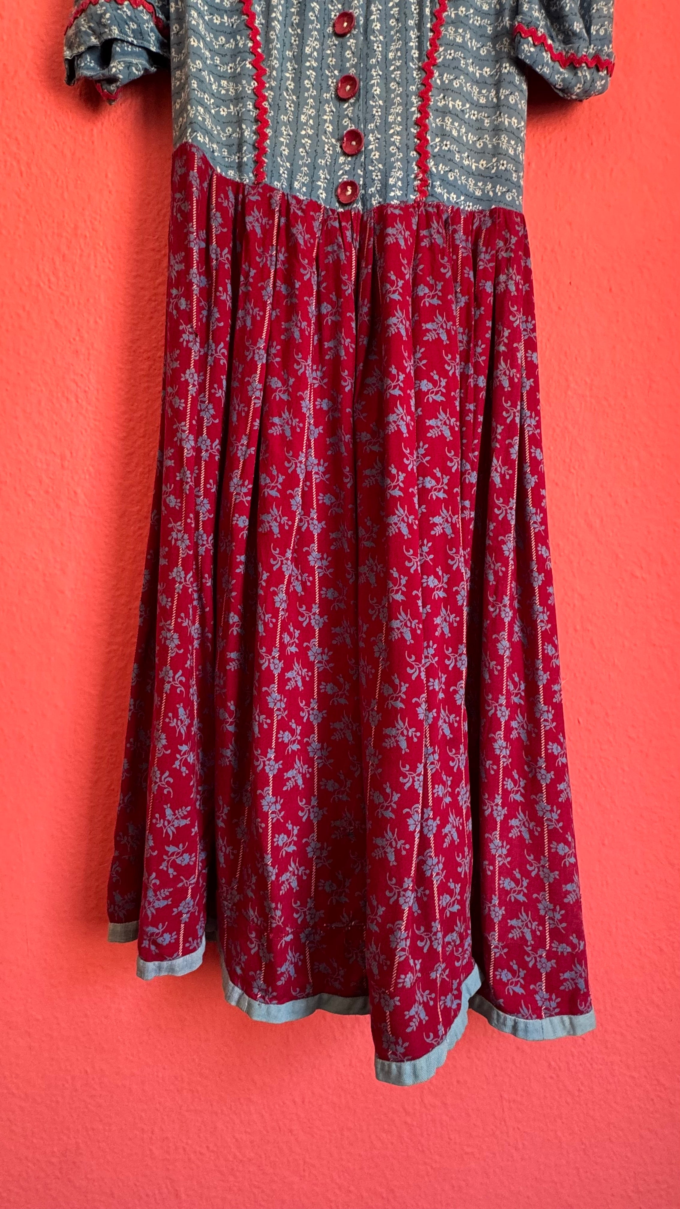 Vintage 1970s Blue and Burgundy Floral Folk Maxi Dress