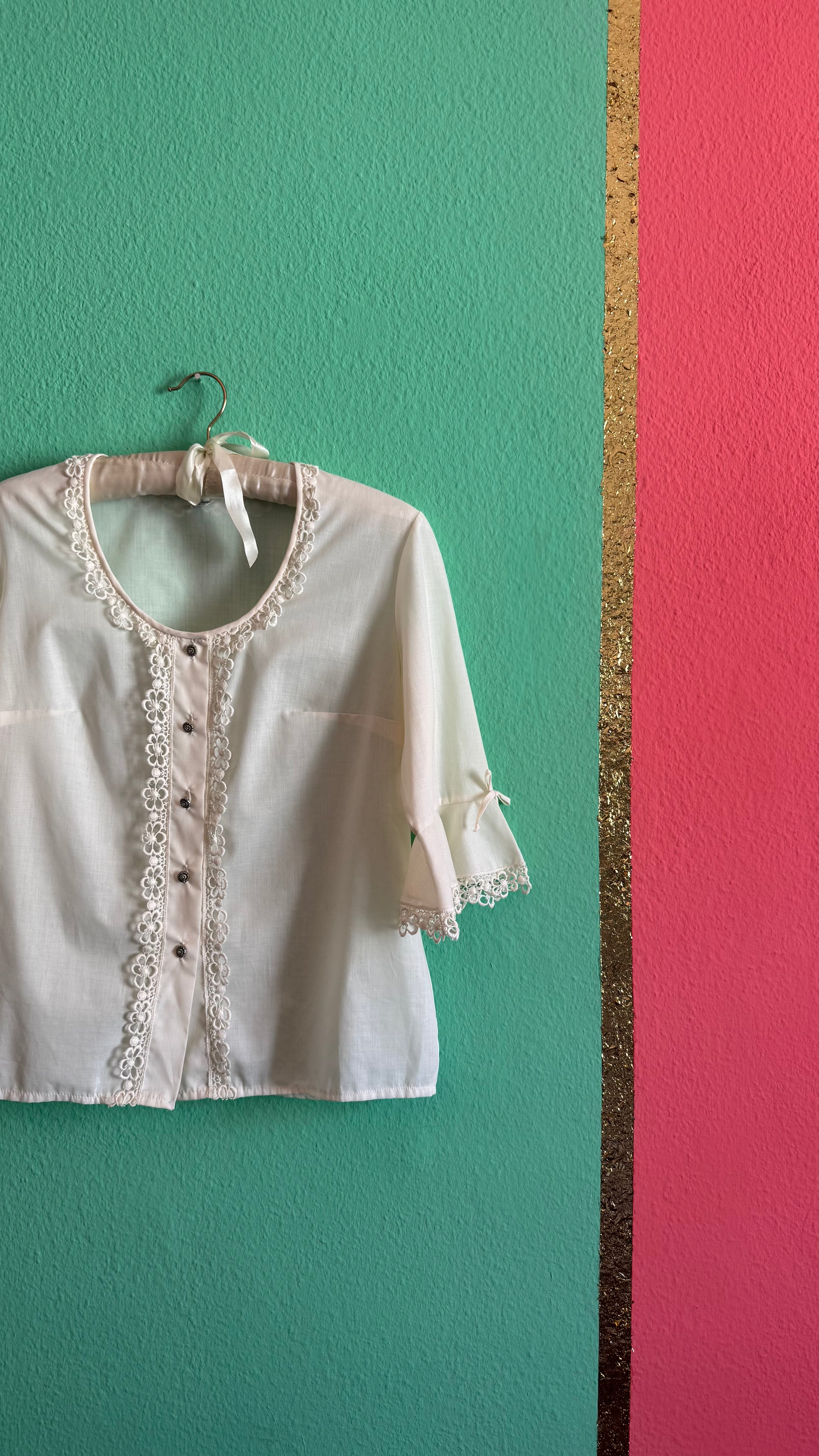 Vintage 1970s Ivory Synthetic Lace-Trim Blouse