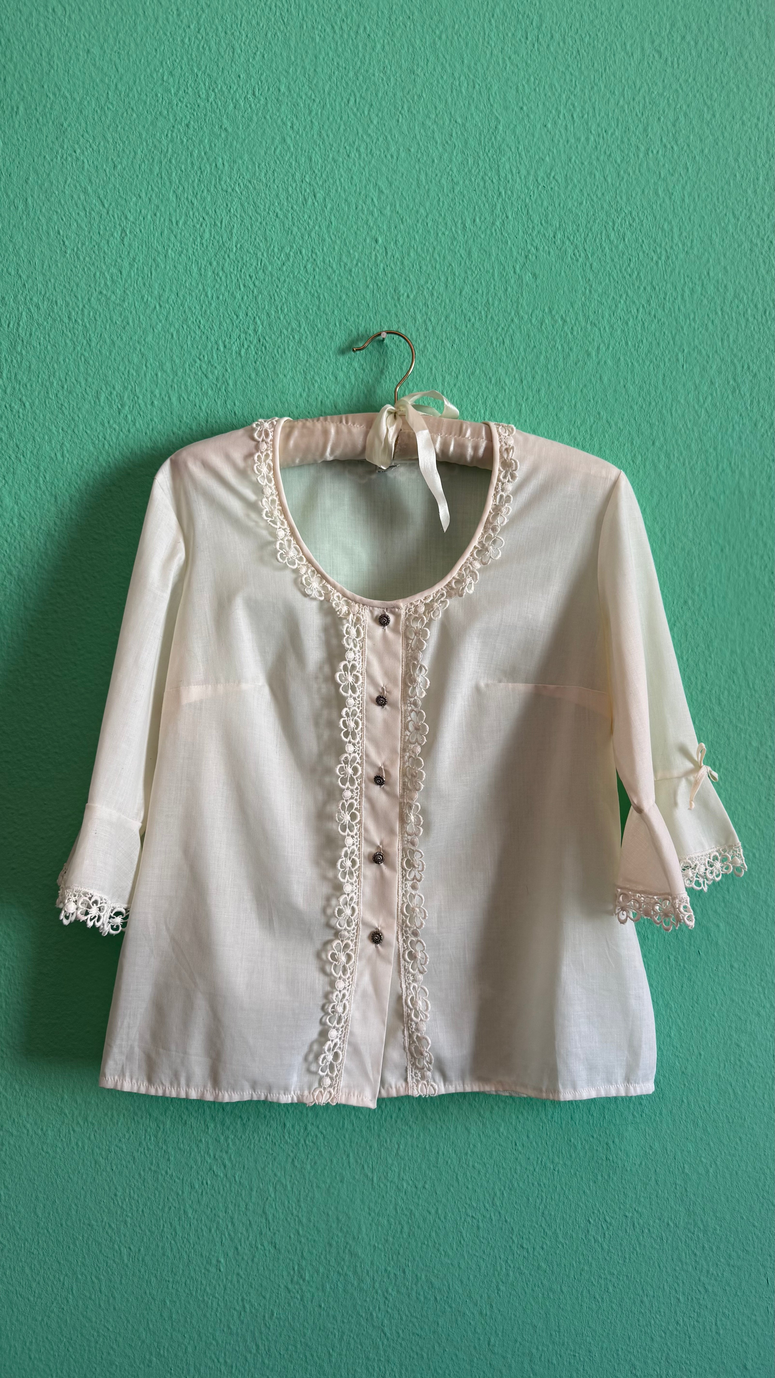 Vintage 1970s Ivory Synthetic Lace-Trim Blouse
