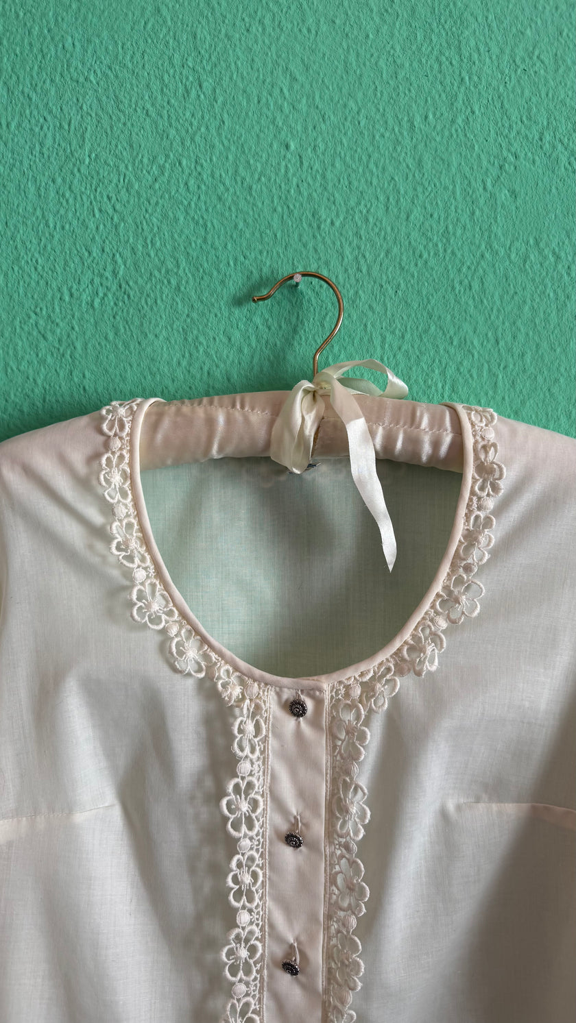 Vintage 1970s Ivory Synthetic Lace-Trim Blouse