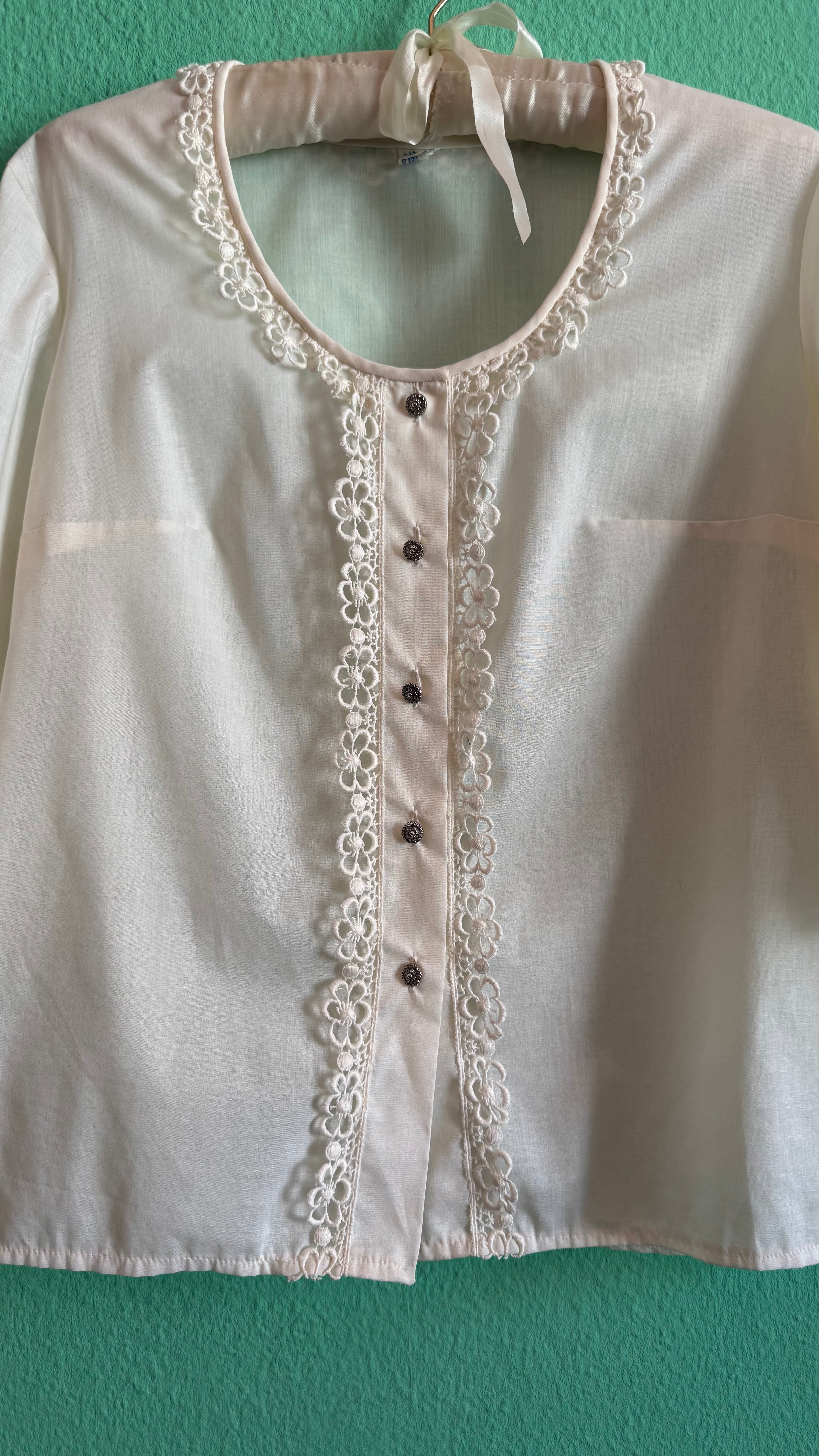 Vintage 1970s Ivory Synthetic Lace-Trim Blouse