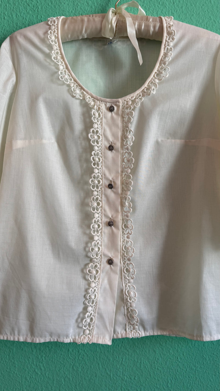 Vintage 1970s Ivory Synthetic Lace-Trim Blouse