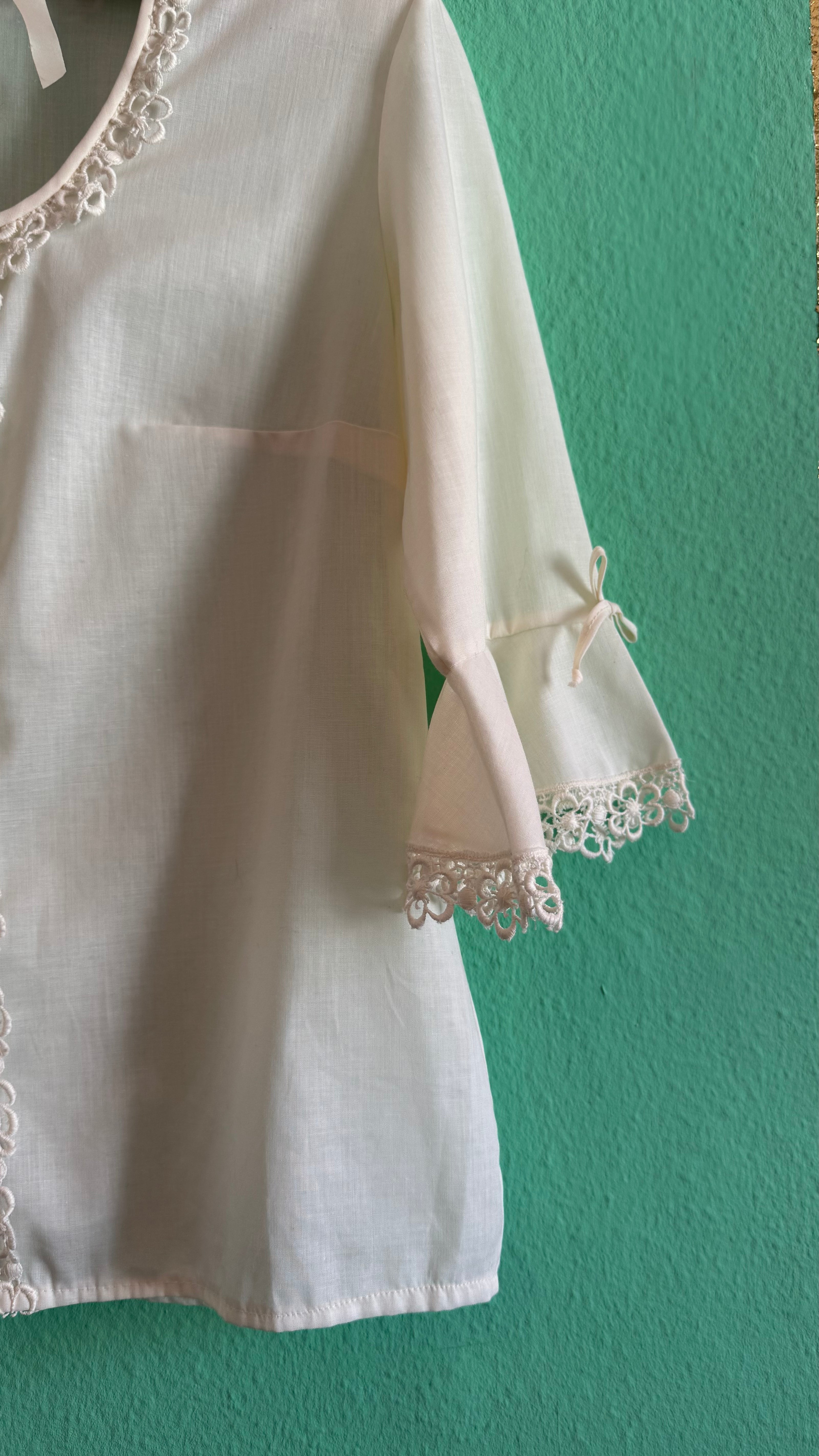 Vintage 1970s Ivory Synthetic Lace-Trim Blouse