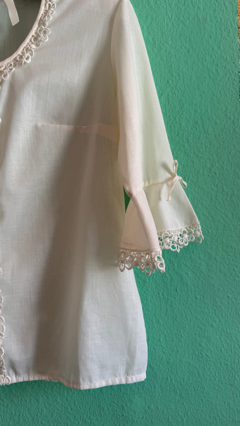 Vintage 1970s Ivory Synthetic Lace-Trim Blouse