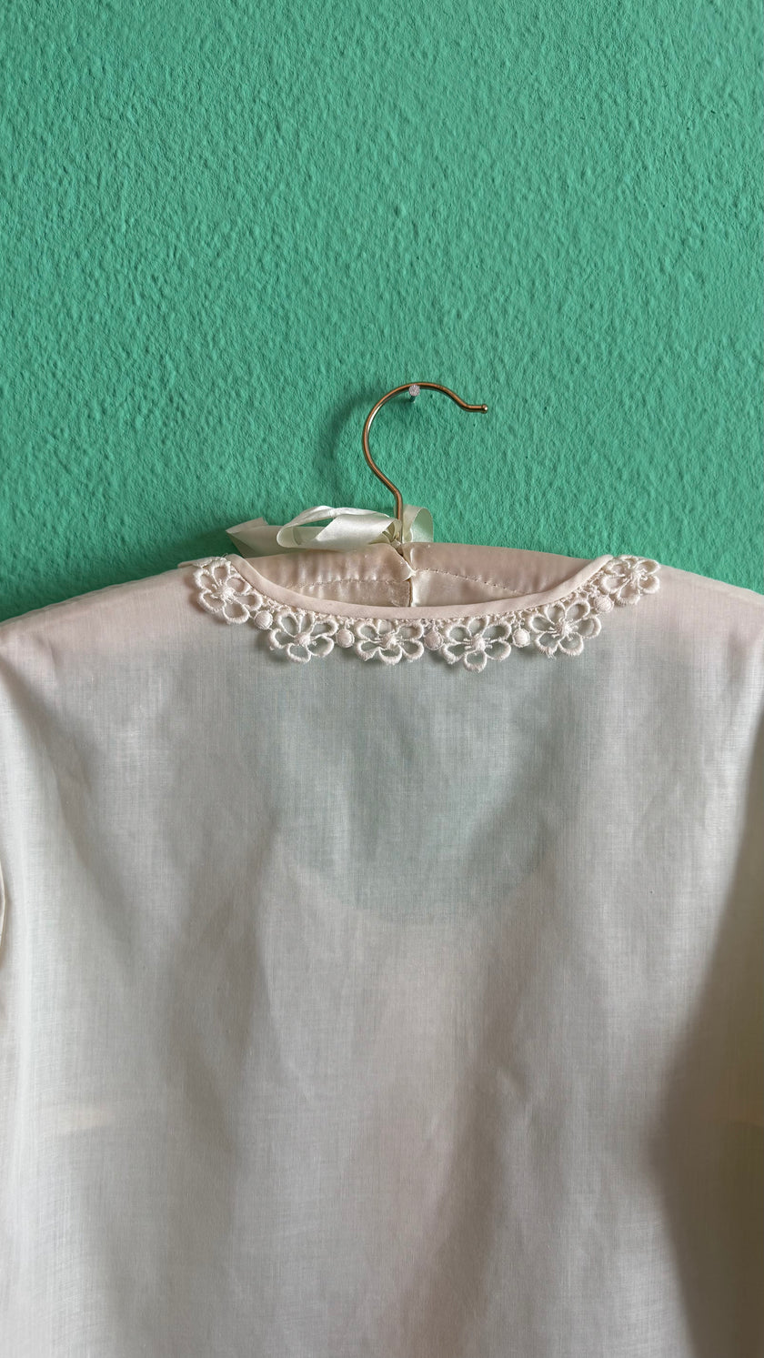 Vintage 1970s Ivory Synthetic Lace-Trim Blouse