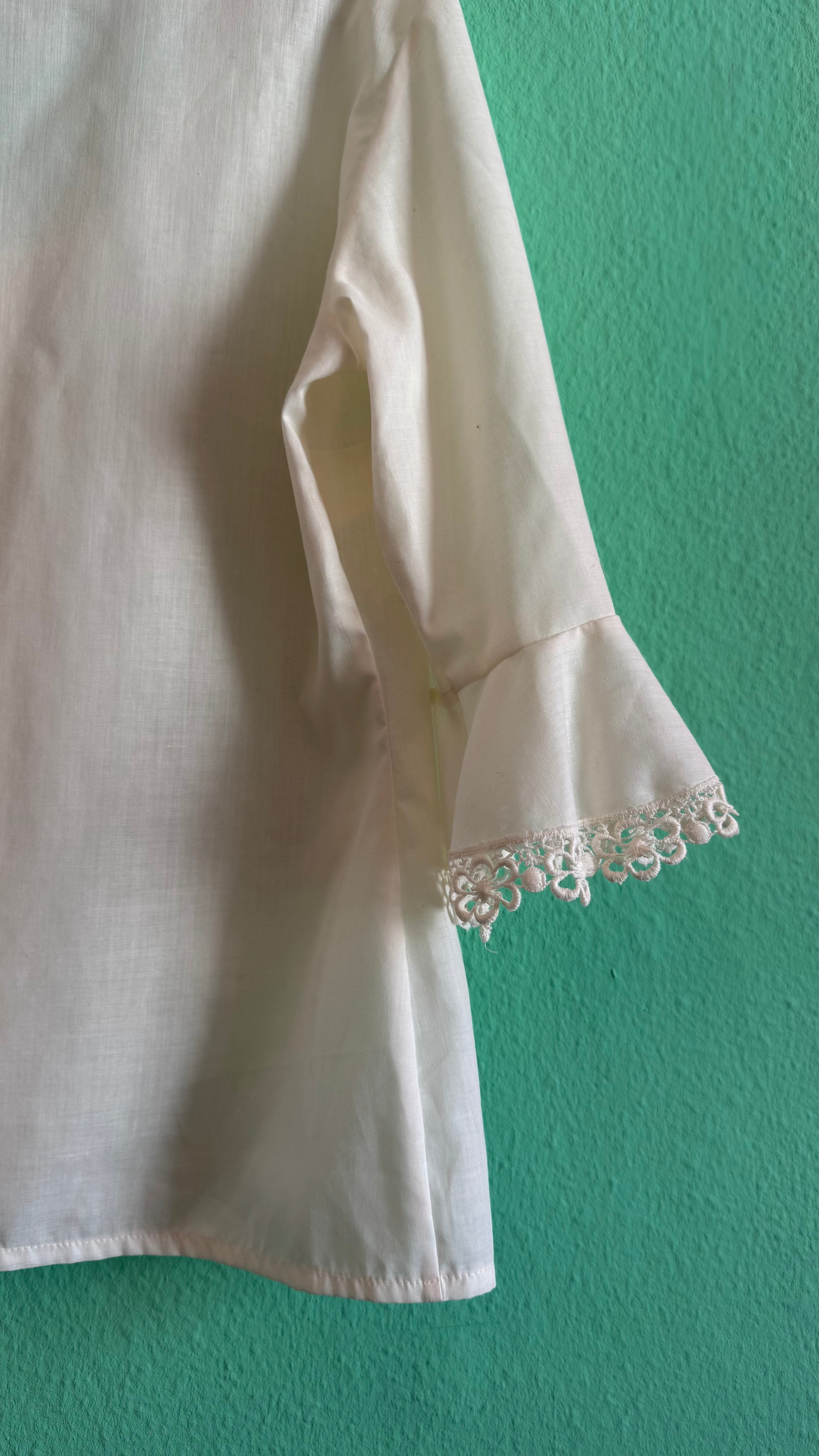 Vintage 1970s Ivory Synthetic Lace-Trim Blouse