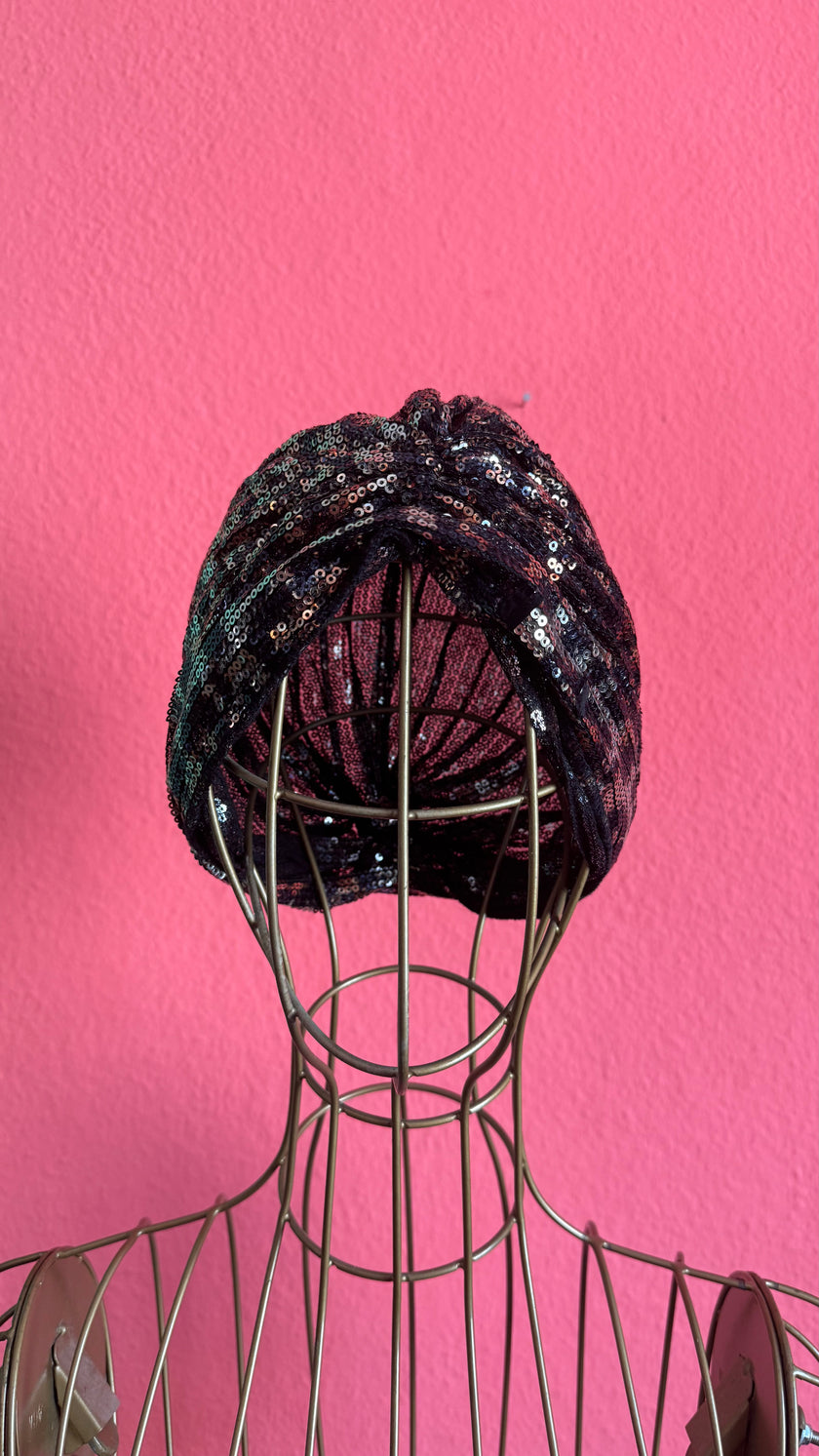 1920s Inspired Black Iridescent Sequin Turban Hat