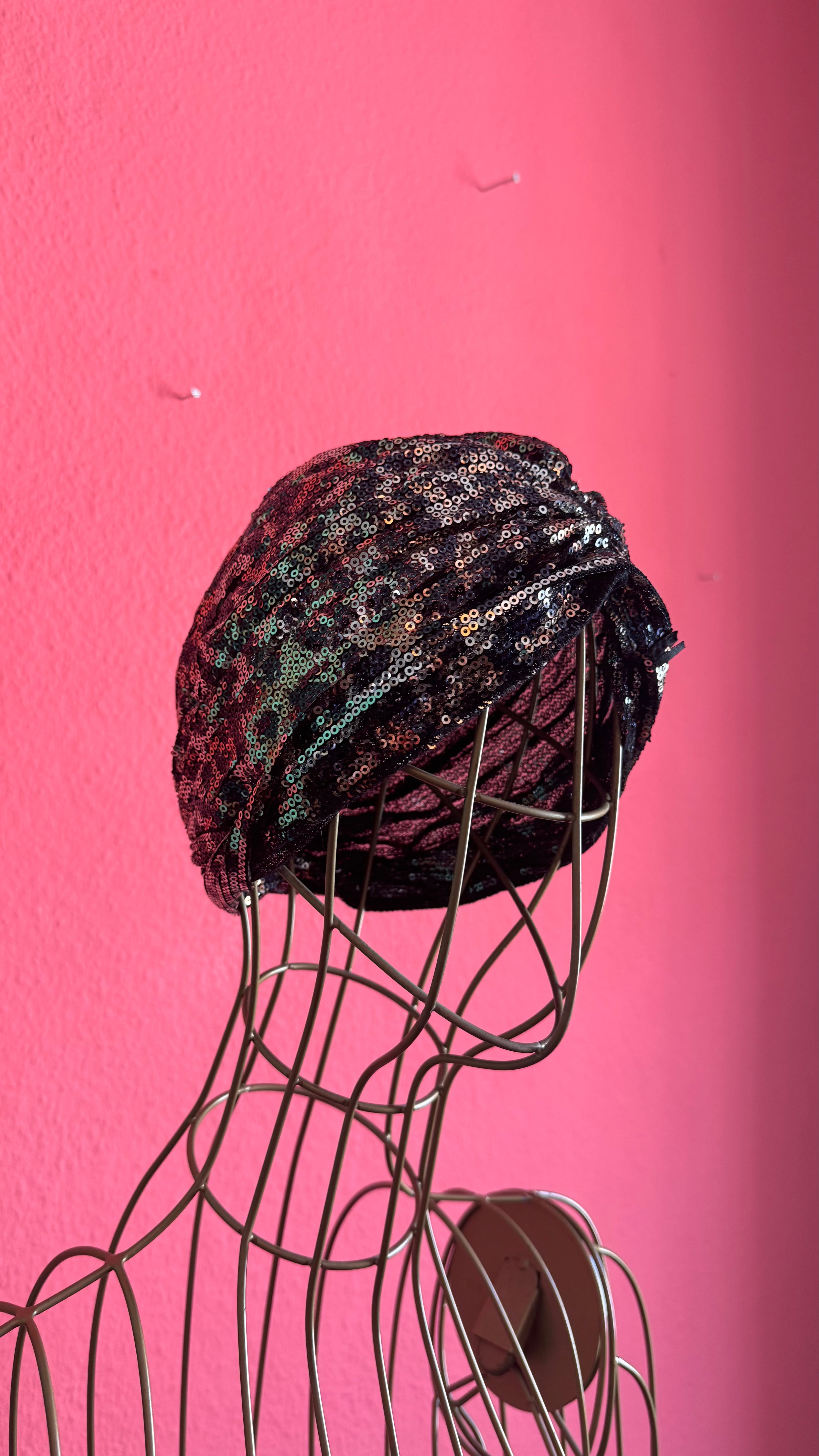 1920s Inspired Black Iridescent Sequin Turban Hat
