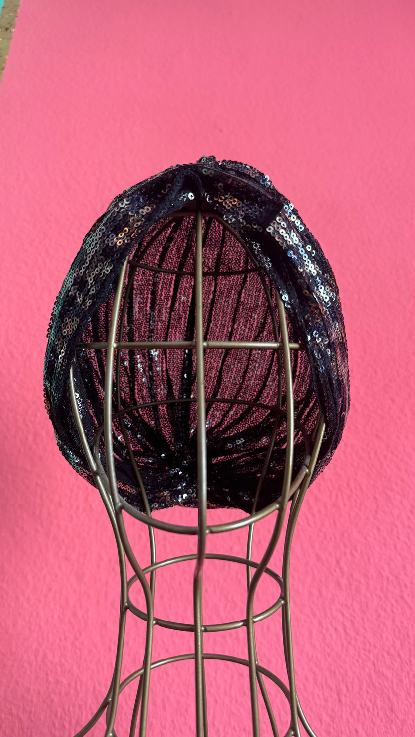 1920s Inspired Black Iridescent Sequin Turban Hat